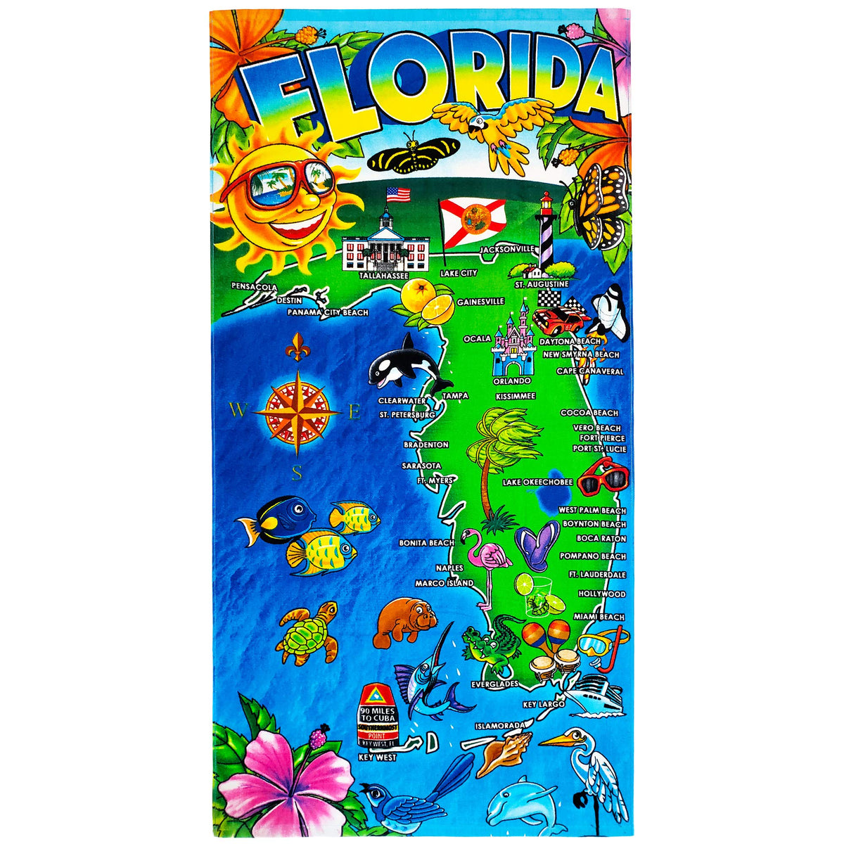 Florida Map Beach Towel 30 X 60 Inch 100% Cotton - Sunshine State (One Towel)