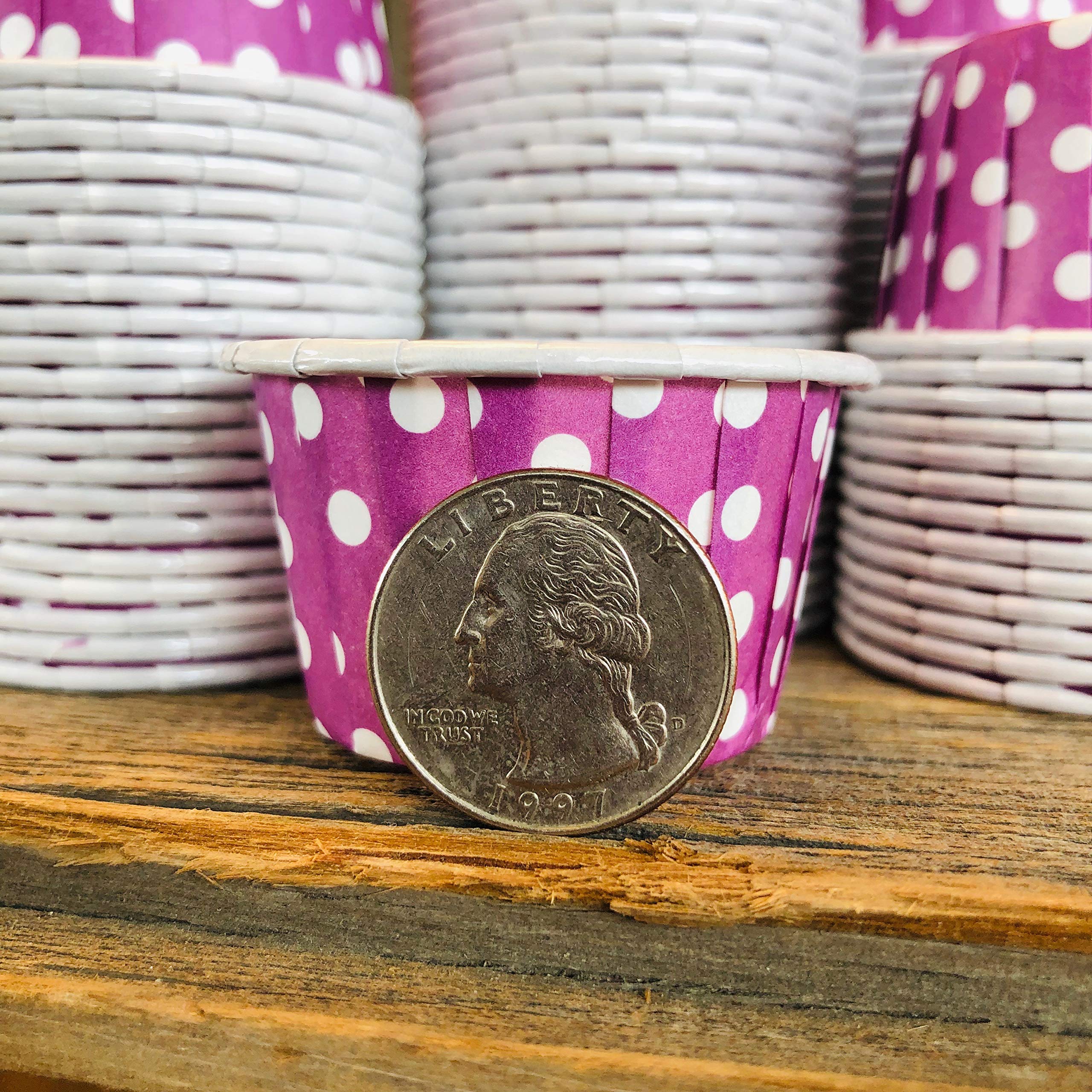 Bulk Mini Candy Nut Paper Cups - Valentine Birthday Easter - Mini Baking Liners - Purple White Polka Dot - 100 Pack