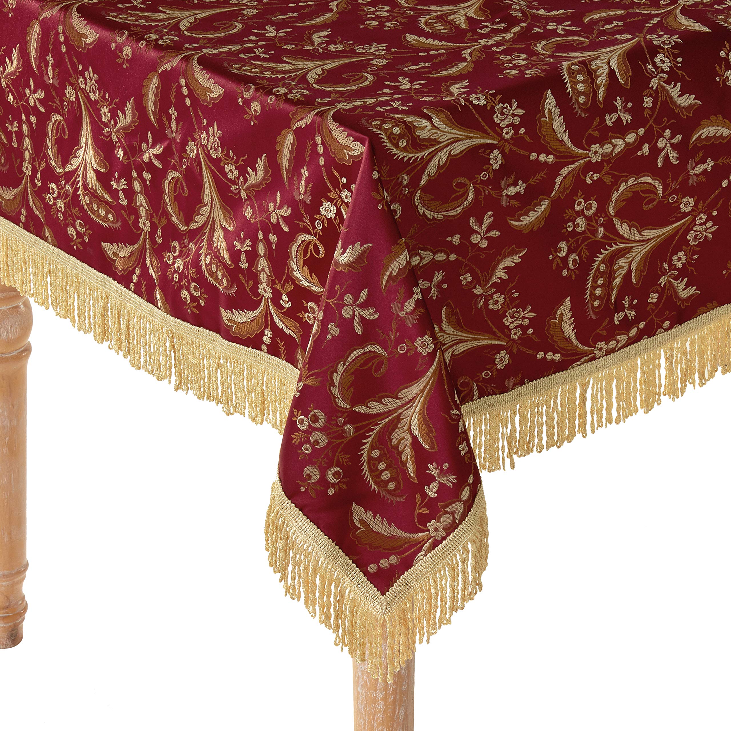 Violet Linen Luxury Damask Floral Design  Polyester Jacquard  with Fringes  Burgundy  60 Inch by 102 Inch  Seats 8 to 10 Pepole  Rectangle Tablecloths