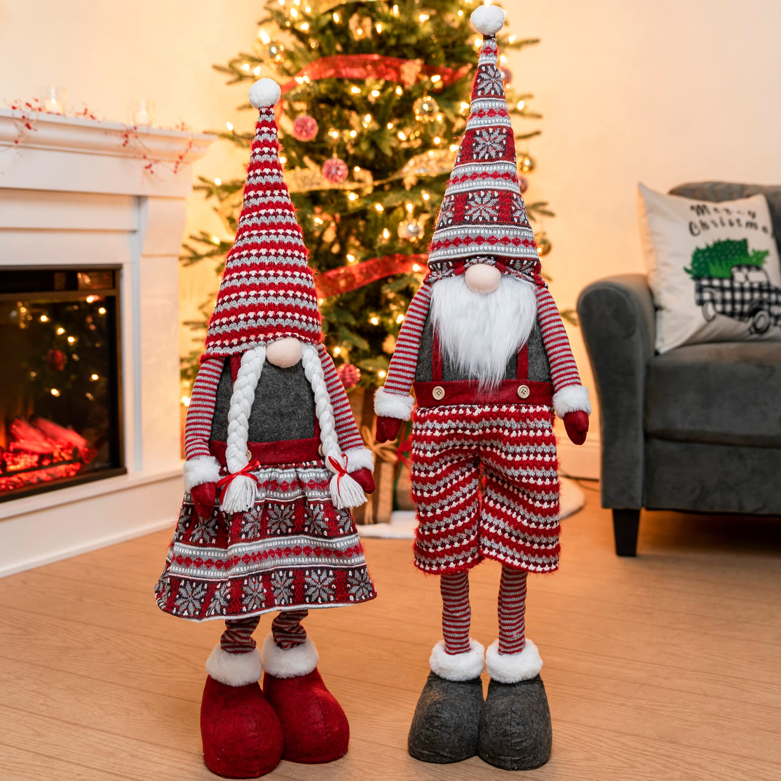 JOYIN 40 Christmas Gnome Standing Couple Decoration Knitting Style with Long Retractable Legs, Tomte Nordic Gnomes Christmas Ind