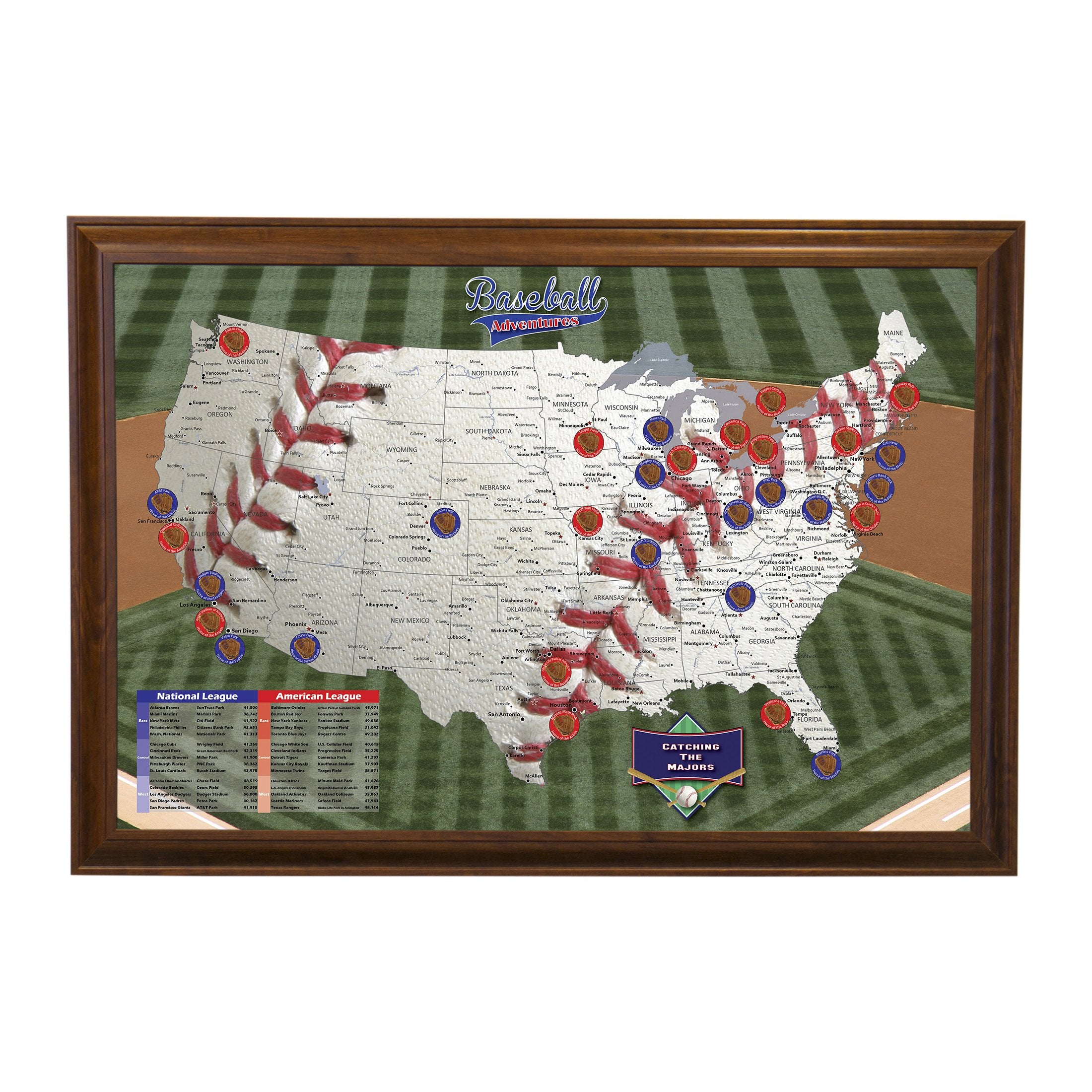 Baseball Adventures Push Pin Travel Map With Brown Frame And Pins - 27.5 Inches X 39.5 Inches