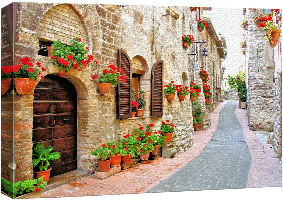 Beautiful Scenery Landscape Of Picturesque Lane With Flowers In An Italian Hill Town - Canvas Art Wall Art - 32'' X 48''