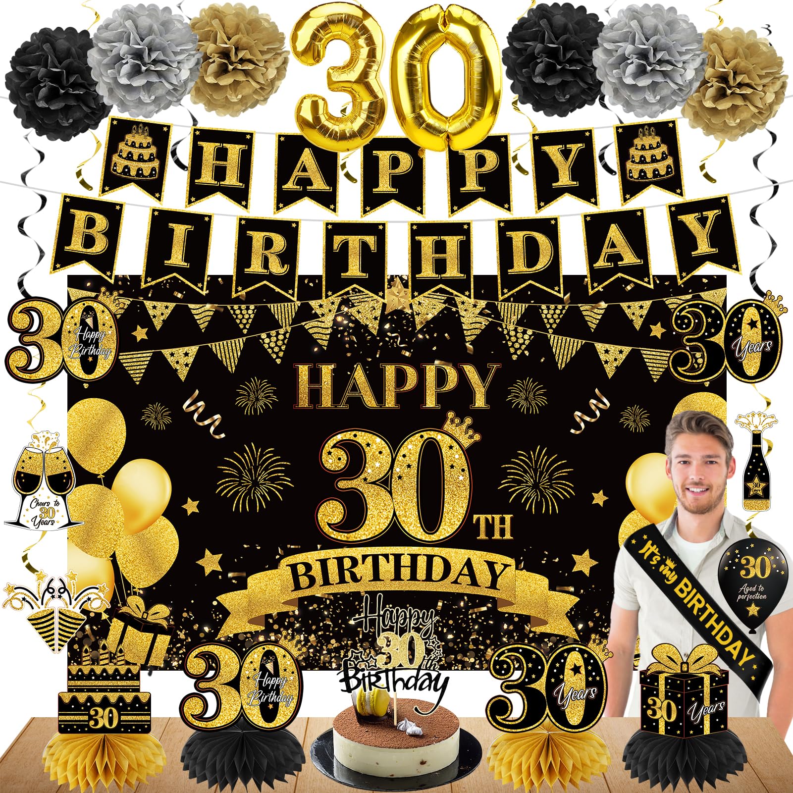 Eucutur 42Pcs 30Th Birthday Decoration Kit For Men Women, Black Gold Happy 30Th Bday Banner Balloons Honeycomb Centerpiece Swirl