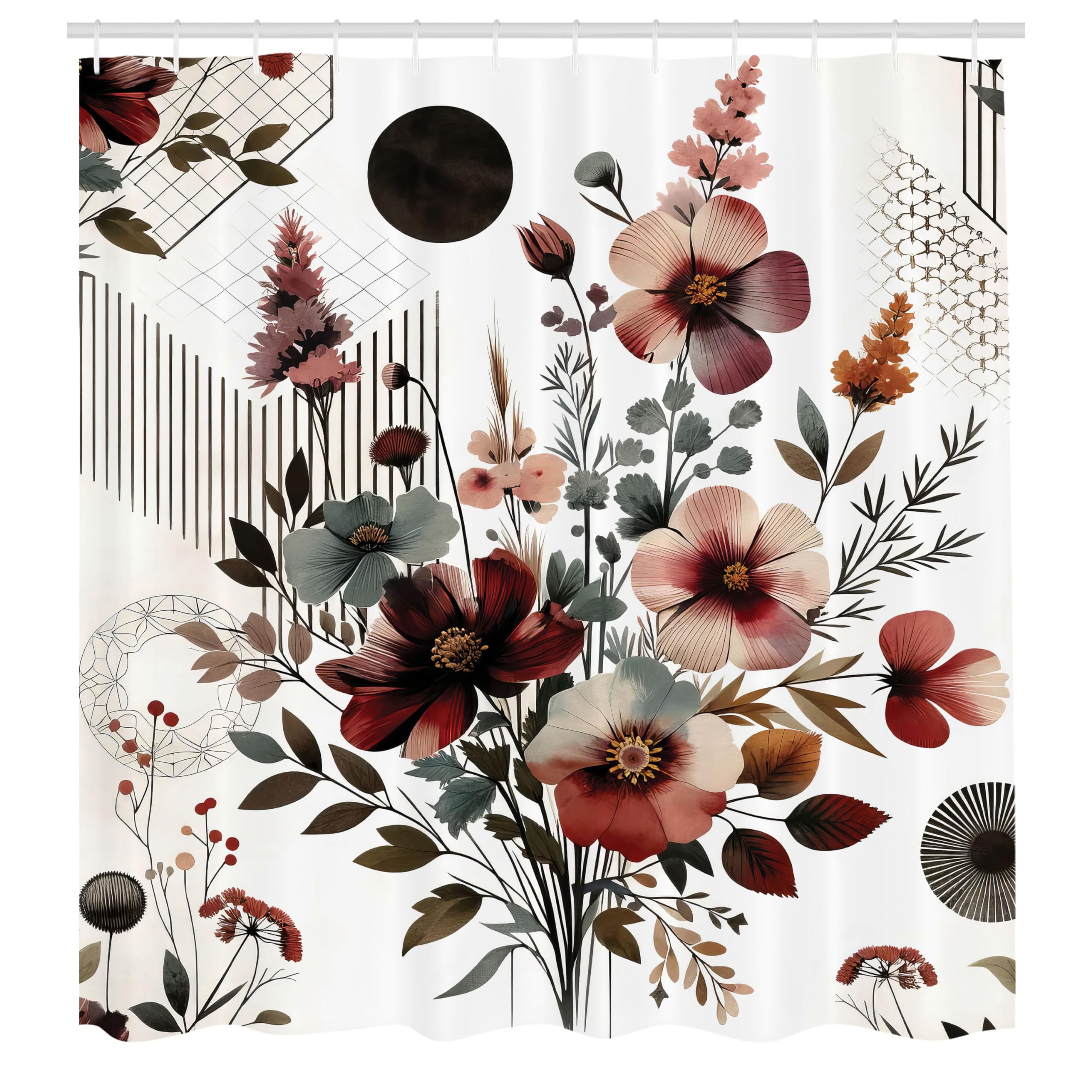 Ambesonne Floral Shower Curtain, Mid Century Modern Rounds Chevrons And Stripes Ornate Leafy Wildflowers, Cloth Fabric Bathroom