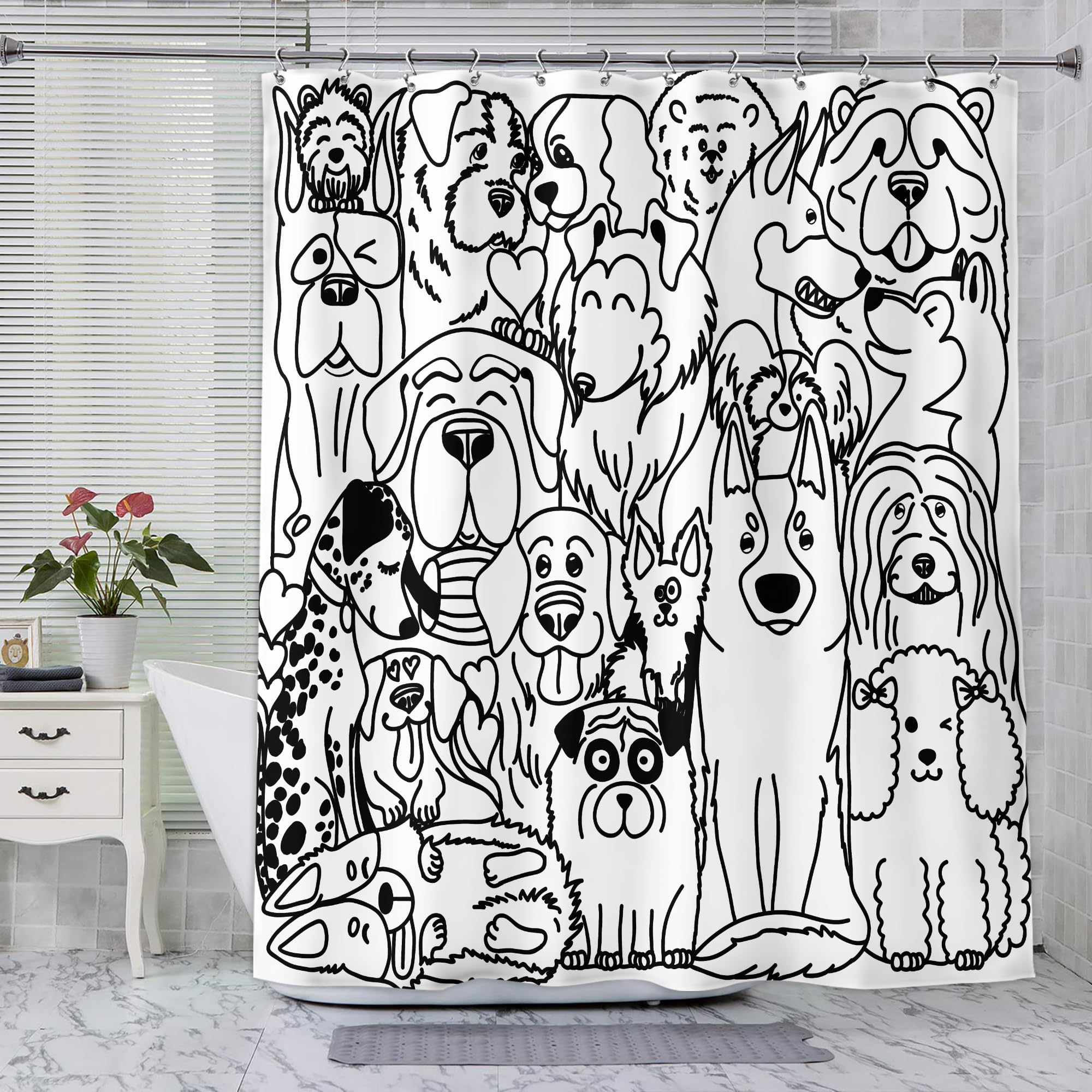 Svbright Funny Cute Dog Shower Curtain 72Wx72L Inch Cartoon Black And White Lovely Animals Silhouette For Kids Kawaii Cool Hilar
