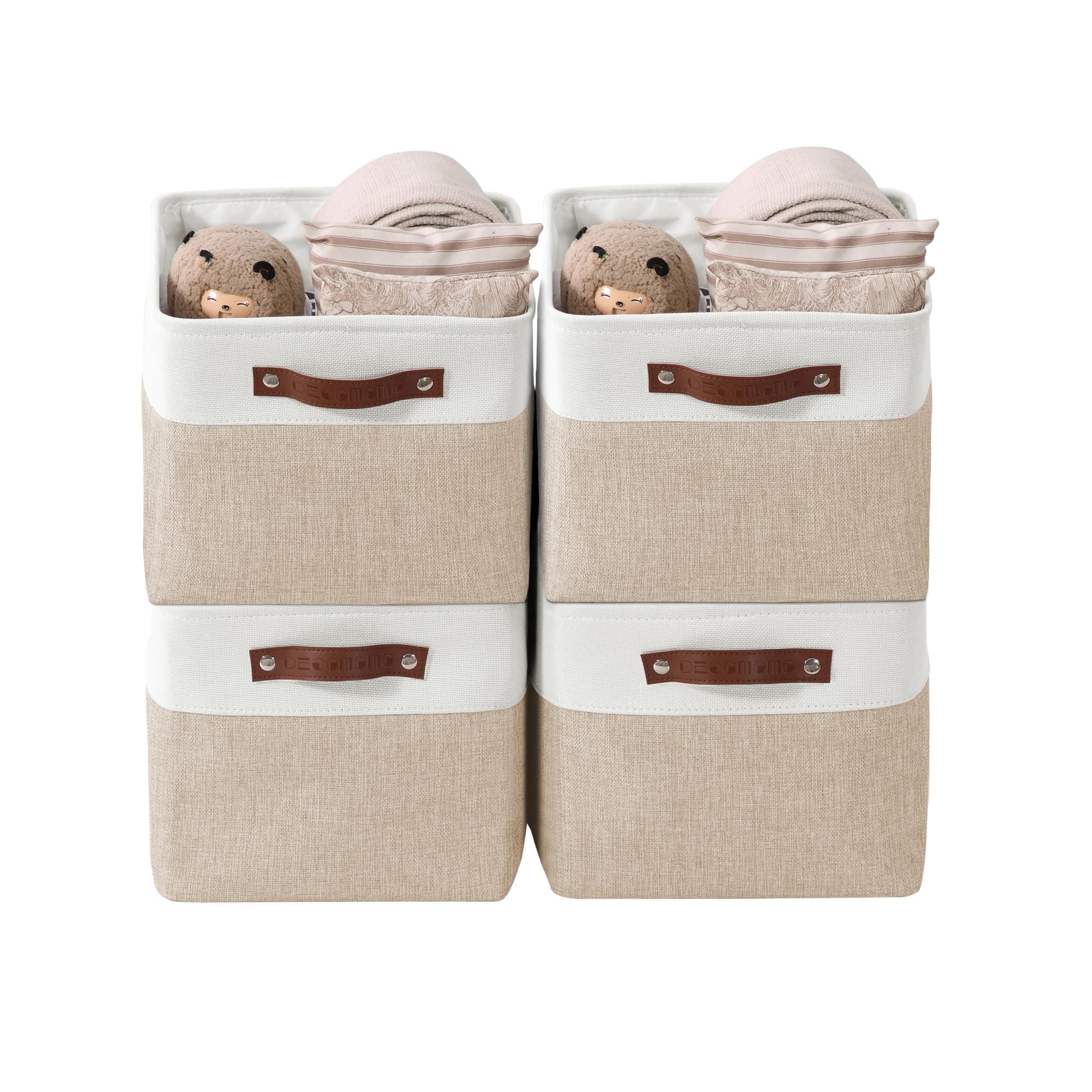 DECOMOMO Storage Baskets for Shelves - Fabric Storage Bins, Linen Closet Organizers and Storage (Beige & White, Large - 4 Pack)