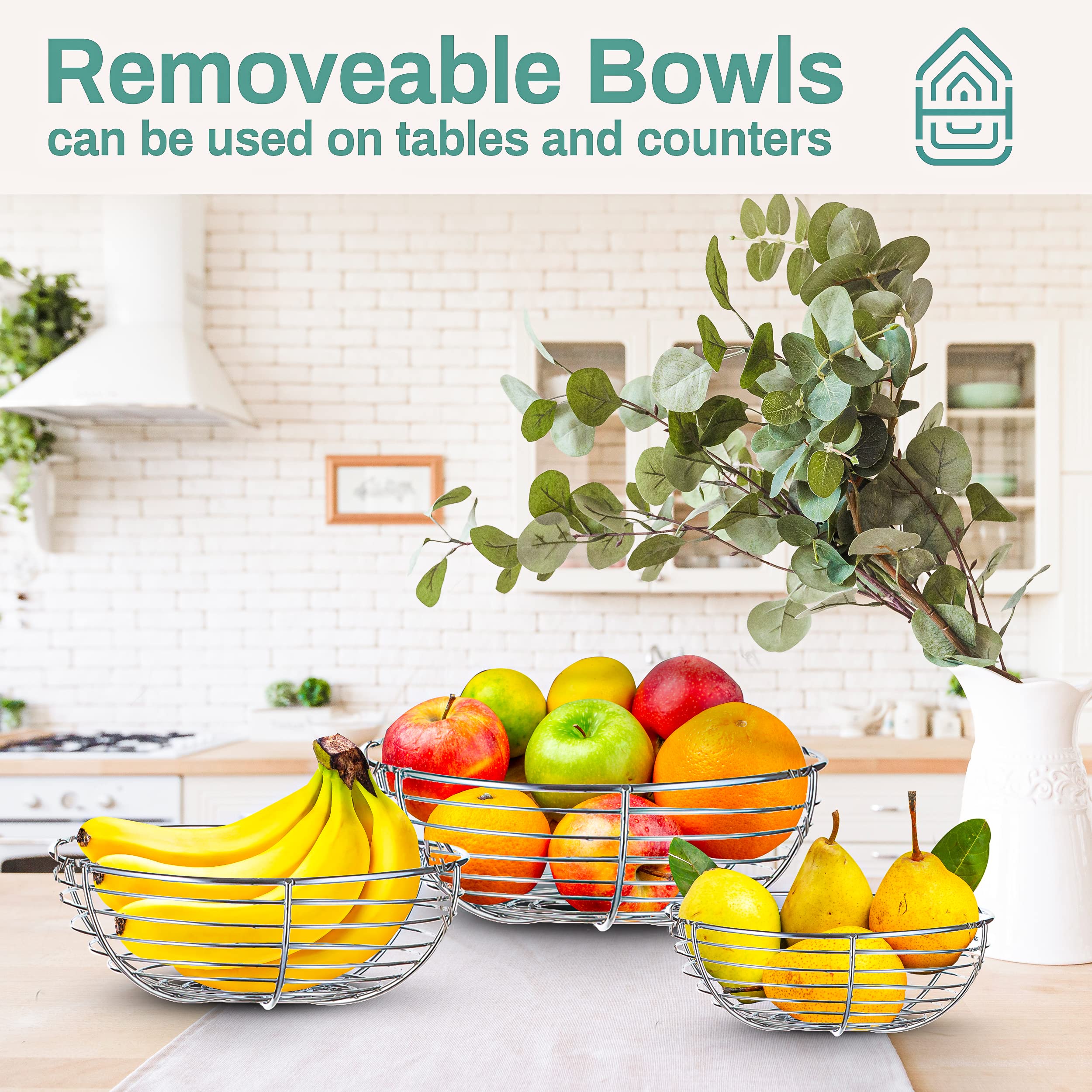 Heavy Duty 3-Tier Hanging Fruit And Vegetable Basket With 2 Metal Ceiling Hooks, Chrome