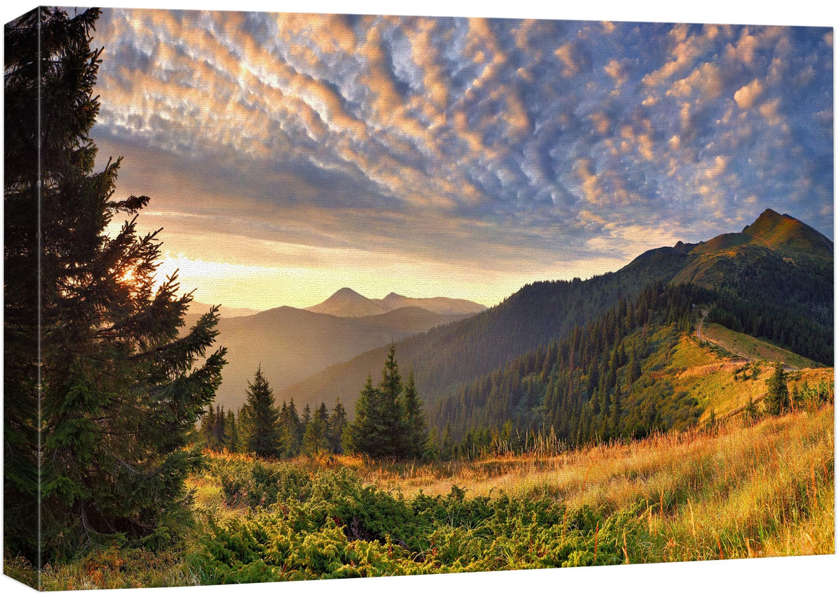 Wall26 Canvas Print Wall Art Sunset Over The Golden Mountain Forest Landscape Nature Wilderness Photography Realism Rustic Sceni