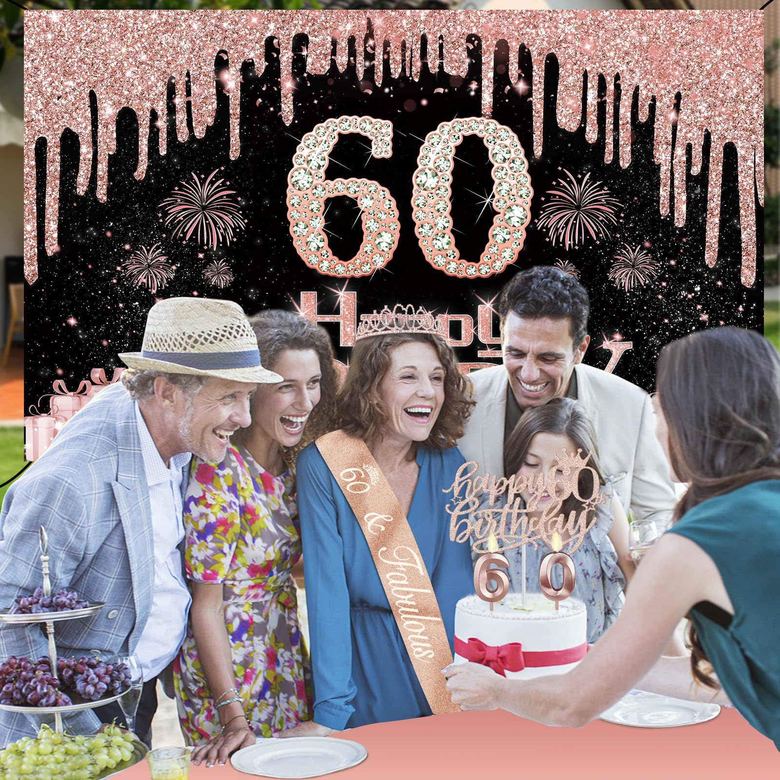 60Th Birthday Decorations For Women With Banner, Rose Gold Tablecloth, Number Balloons, 60Th Birthday Sash And Tiara, Cake Toppe