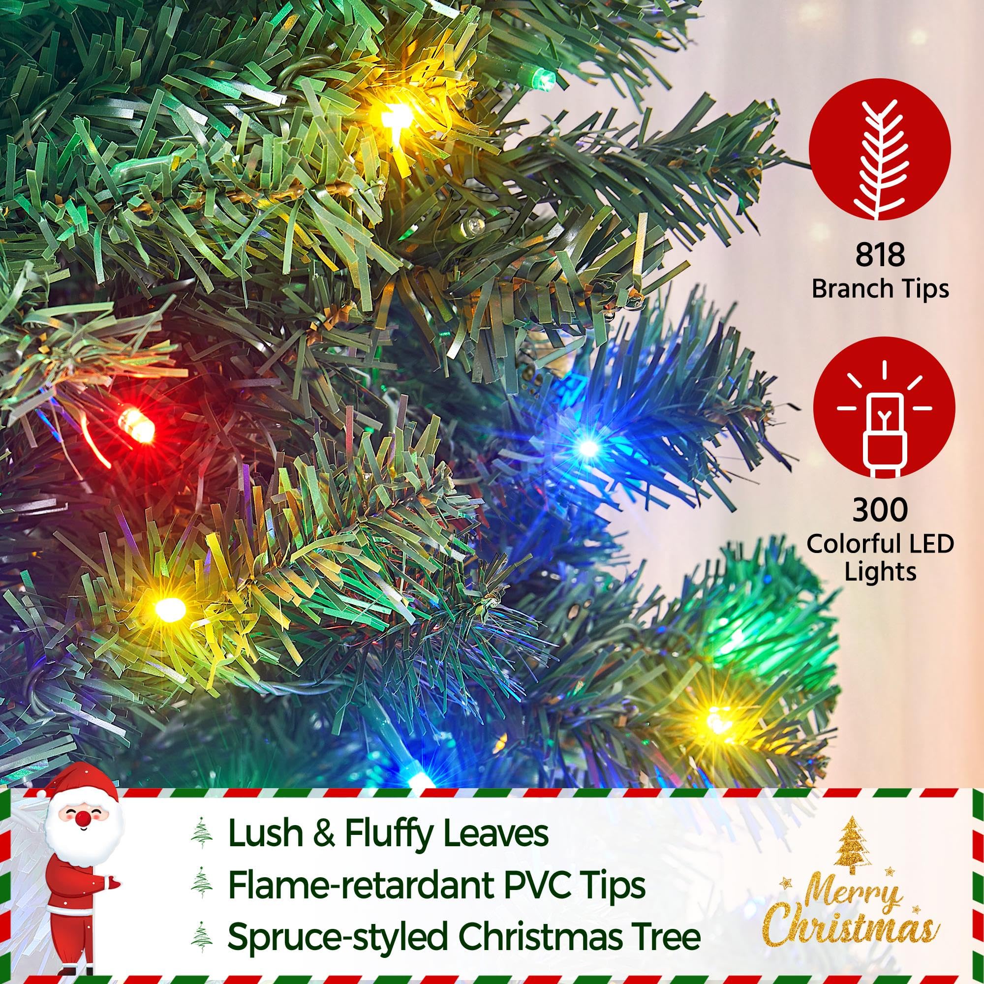 Yaheetech 6ft Pre-lit Spruce Artificial Christmas Tree Hinges Tree with 300 Multicolor LED Lights & 818 Branch Tips & Metal Stan