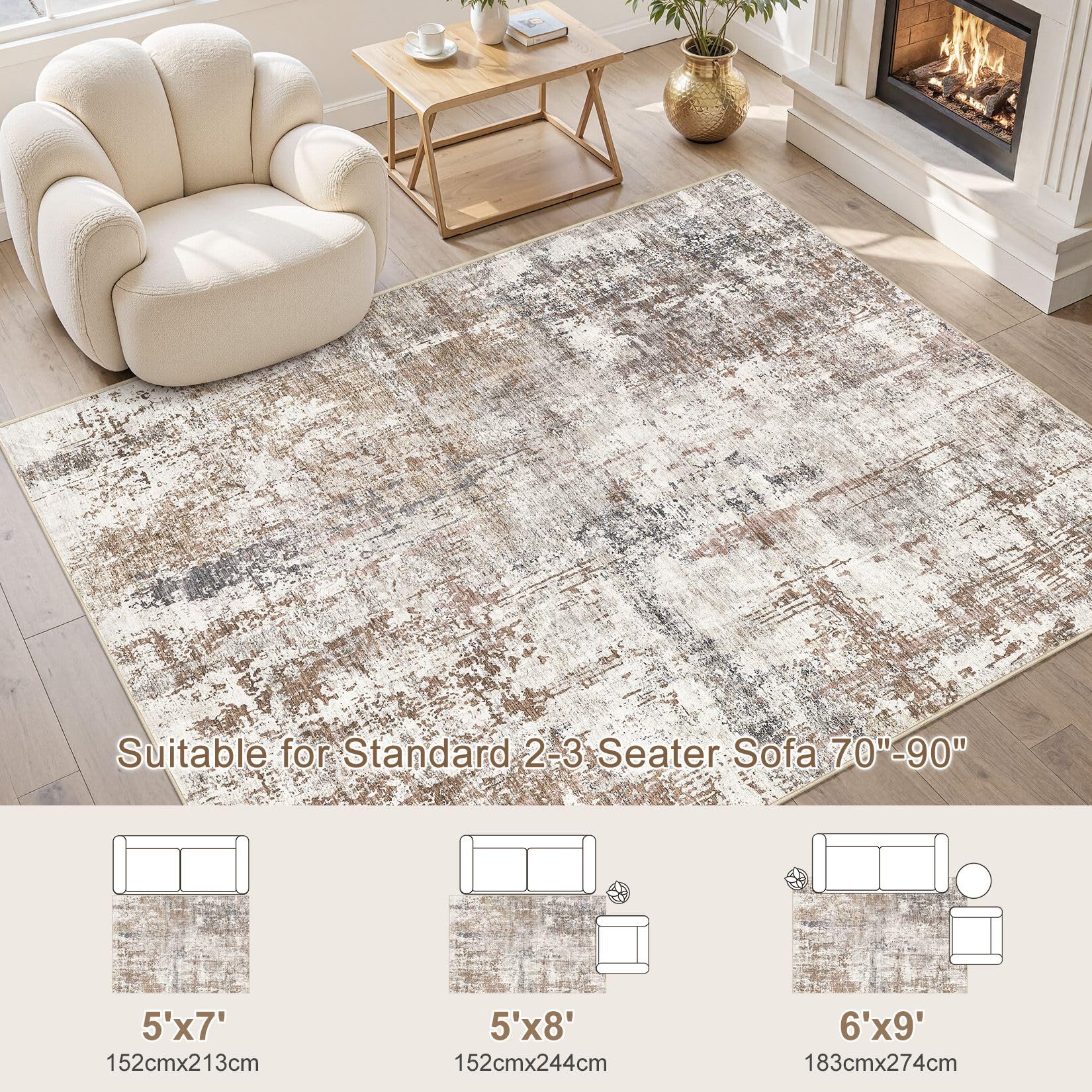 UERMEI 5x7 Area Rug Living Room Rugs - Washable Neutral Modern Abstract Soft Thin Rug Indoor Floor No Slip Rug Carpet for Bedroo