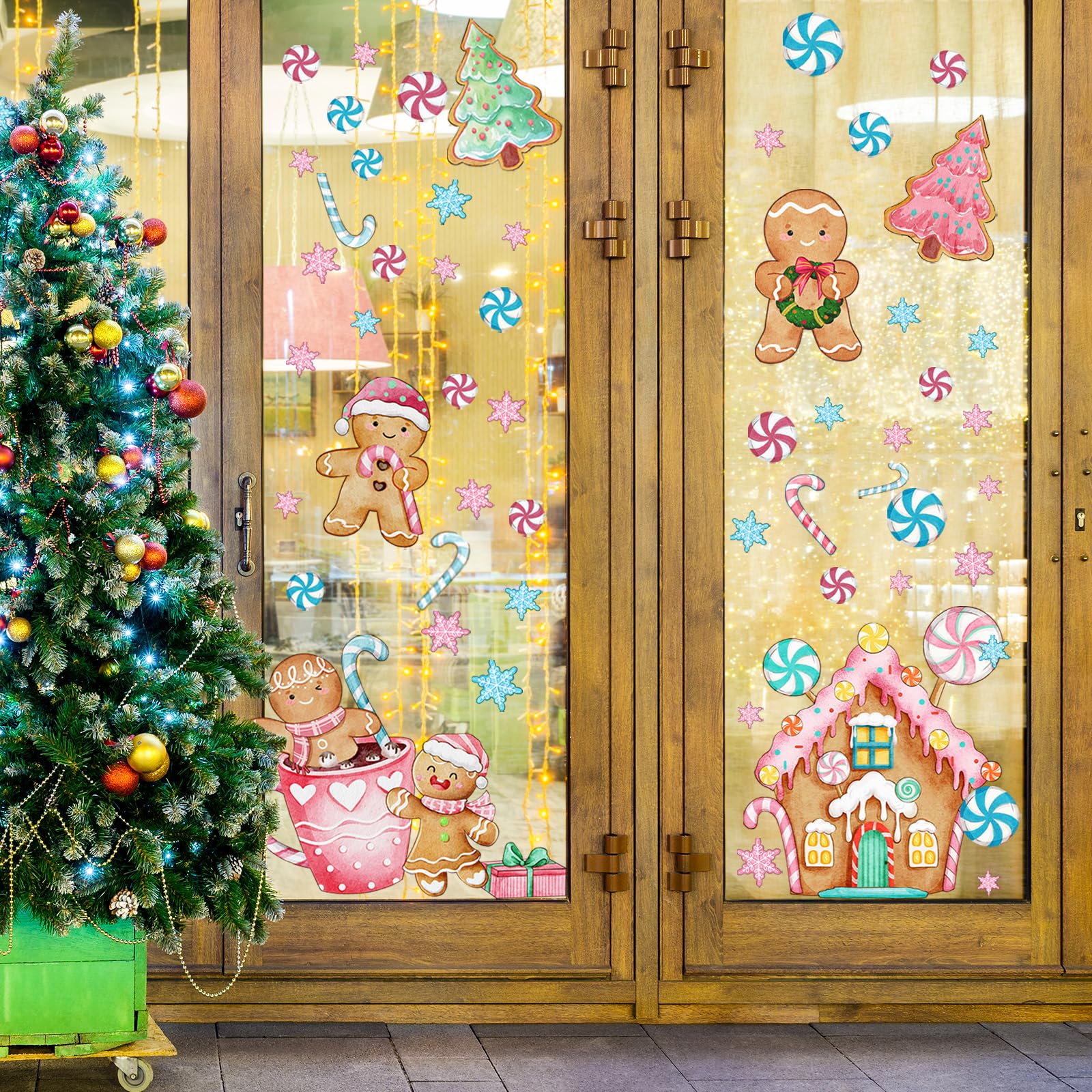 Outus 3 Sheet Christmas Wall Decal Large Pink Gingerbread Wall Decal 23.6 x 11.8 Inch, 23.6 x 17.7 Inch Christmas Window Clings