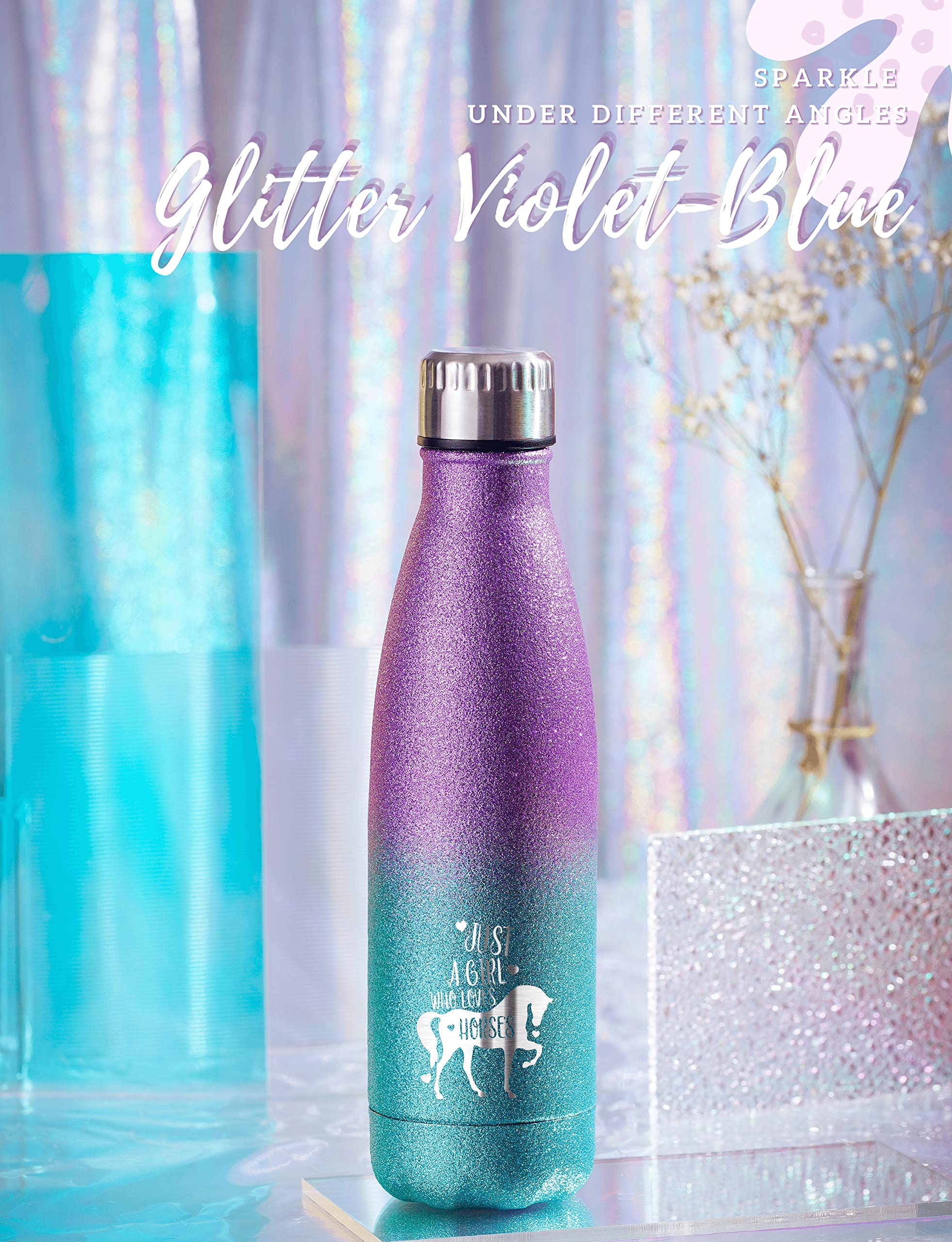 Onebttl Horse Gifts for Girls  Women  Insulated Stainless Steel Water Bottle  Horse Stuff for Equestrian  Horse Lovers  Cowgirls on Birthday  Back to School  Christmas  Violet-Blue Gradient Glitter