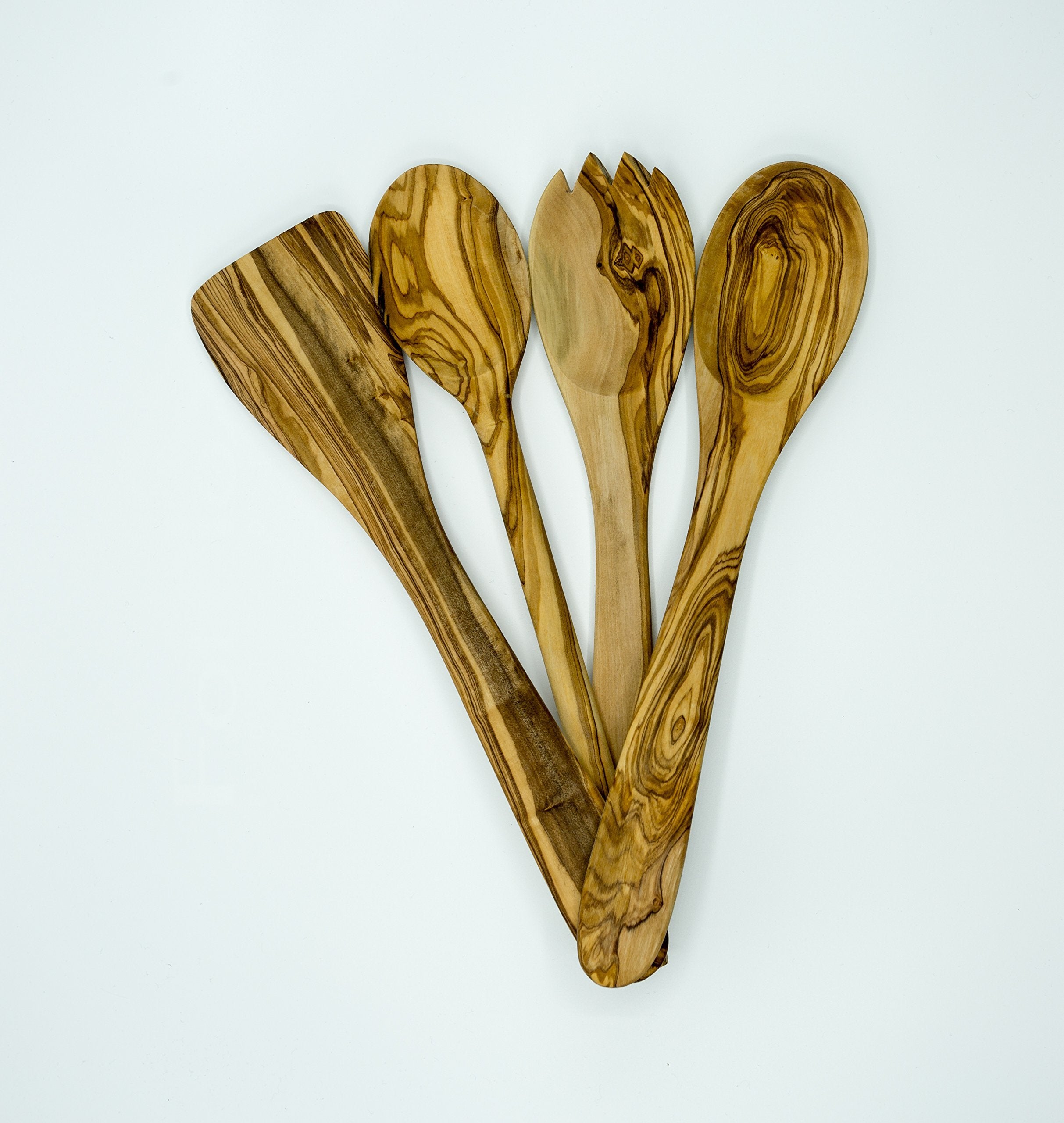 Olive Wood 5-Piece Wooden Cooking Utensil Set - Includes Holder With Spatula, Cooking/Mixing Spoon, Salad Spoon And Fork - Handc