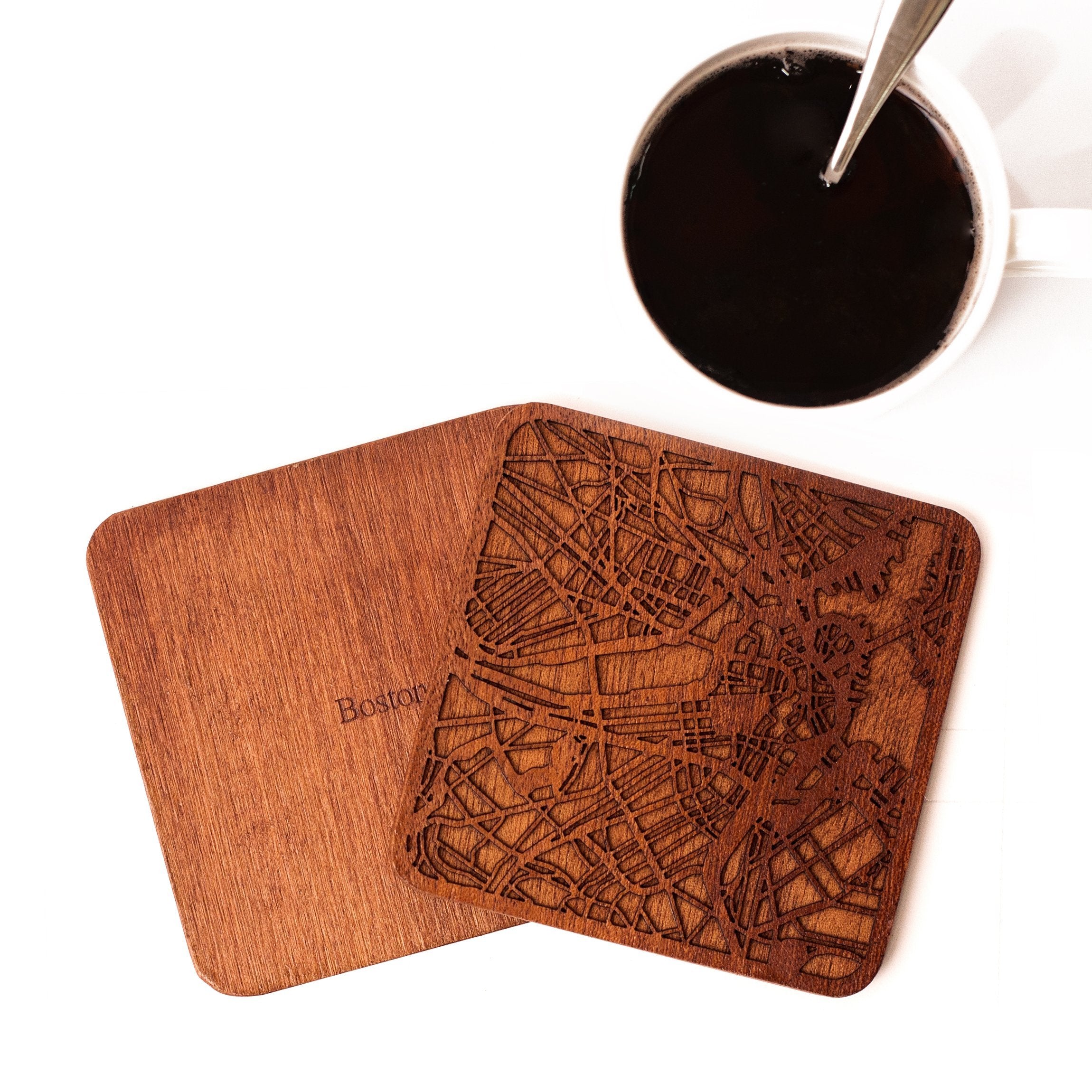 Boston Map Coaster by O3 Design Studio  Set Of 4  Sapele Wooden Coaster With City Map  Handmade