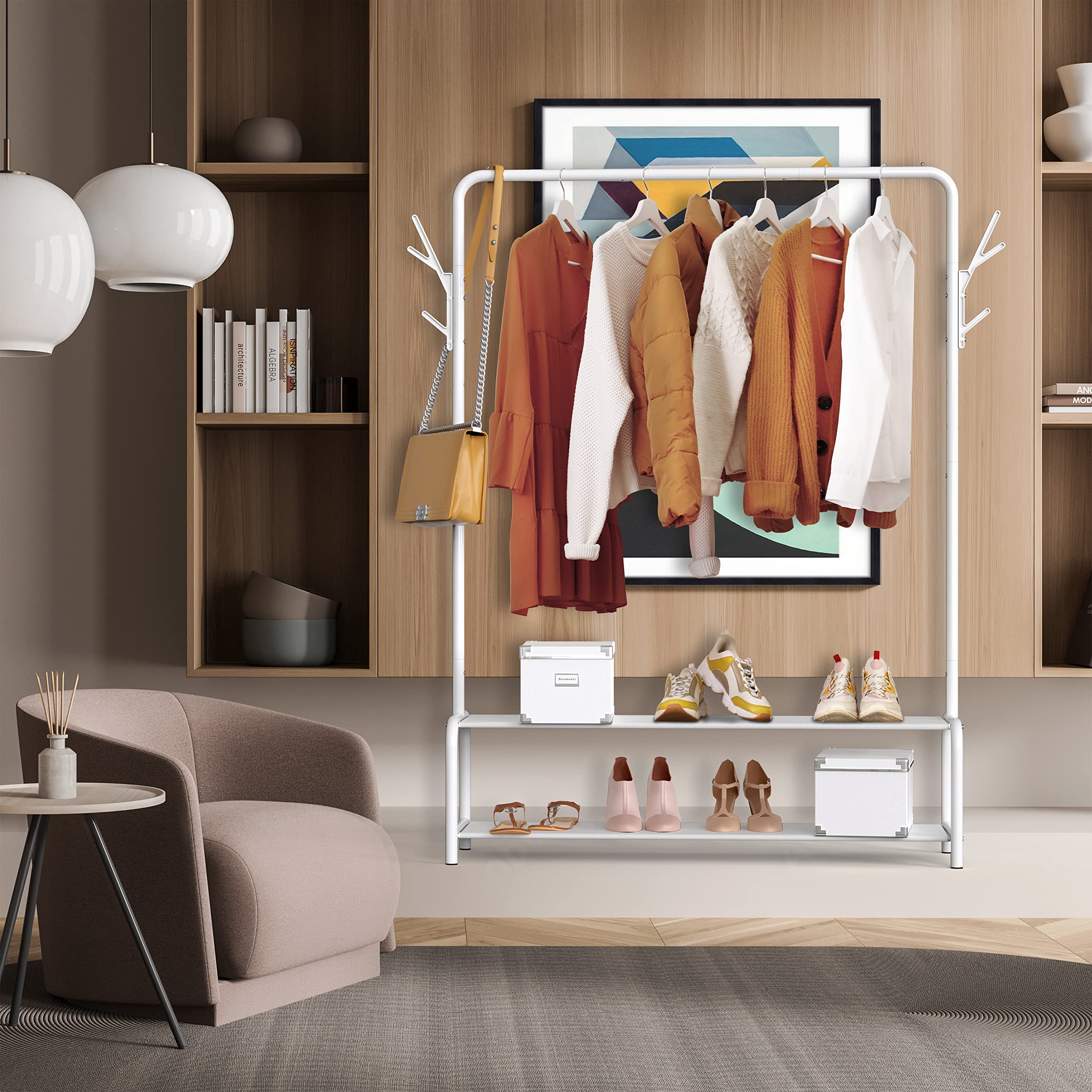 Simple Houseware Garment Rack With Storage Shelves And Coat/Hat Hanging Hooks, White
