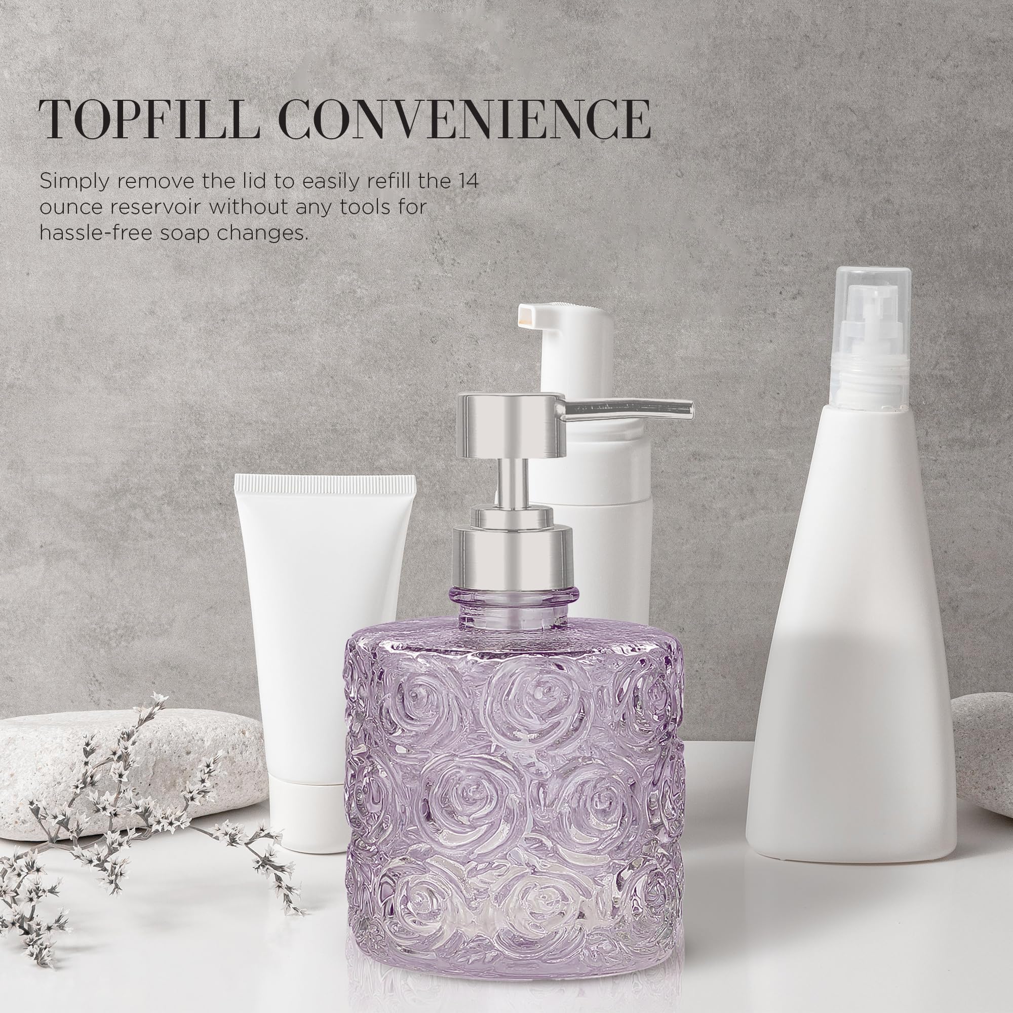 Marcella Glass Soap Dispenser With Soap Pump, Refillable 14 Ounce Capacity, Floral Design Rose Patterns, Heavy Weight Thick Glas
