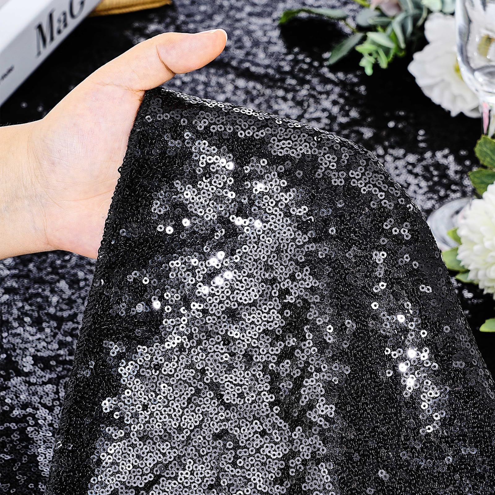 Queendream Black Party Decorations Sequin Tablecloth: Glitter Overlay 90X90 Inch Table Drapes For Banquet Wedding Theme Party Pl