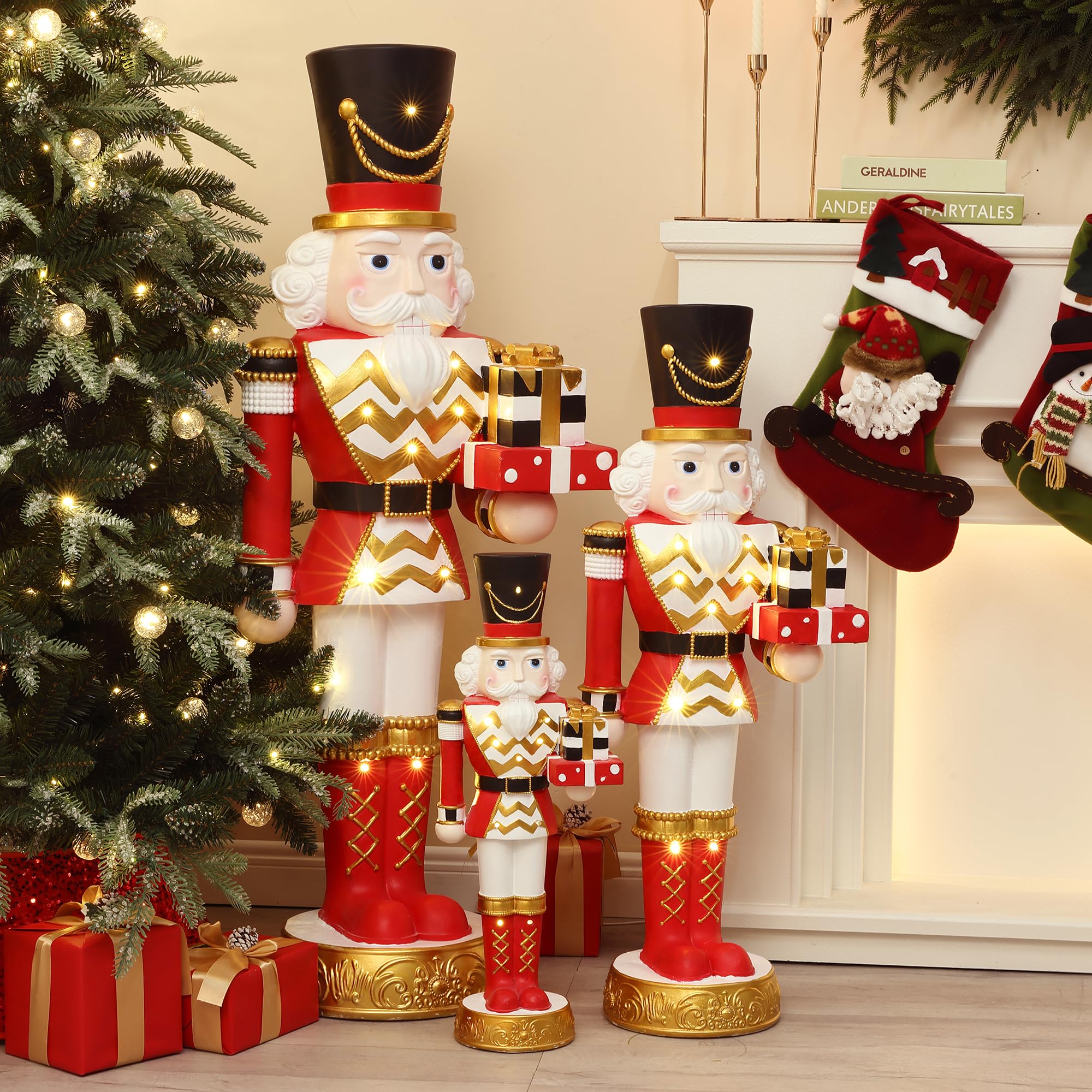 LuxenHome 2FT Tall Nutcracker Christmas Decoration, Large Holiday Nutcracker Soldier Statue with Gift Box, Lighted Figures Chris