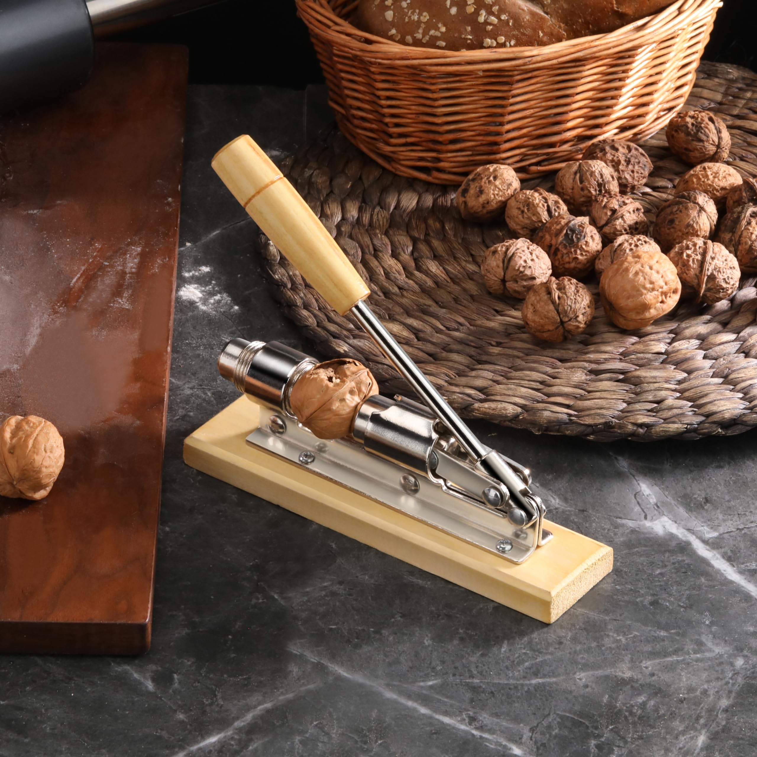 New Star Foodservice 28003 Heavy Duty Pecan Nut Cracker, Nickel-Plated Steel/Wood Base