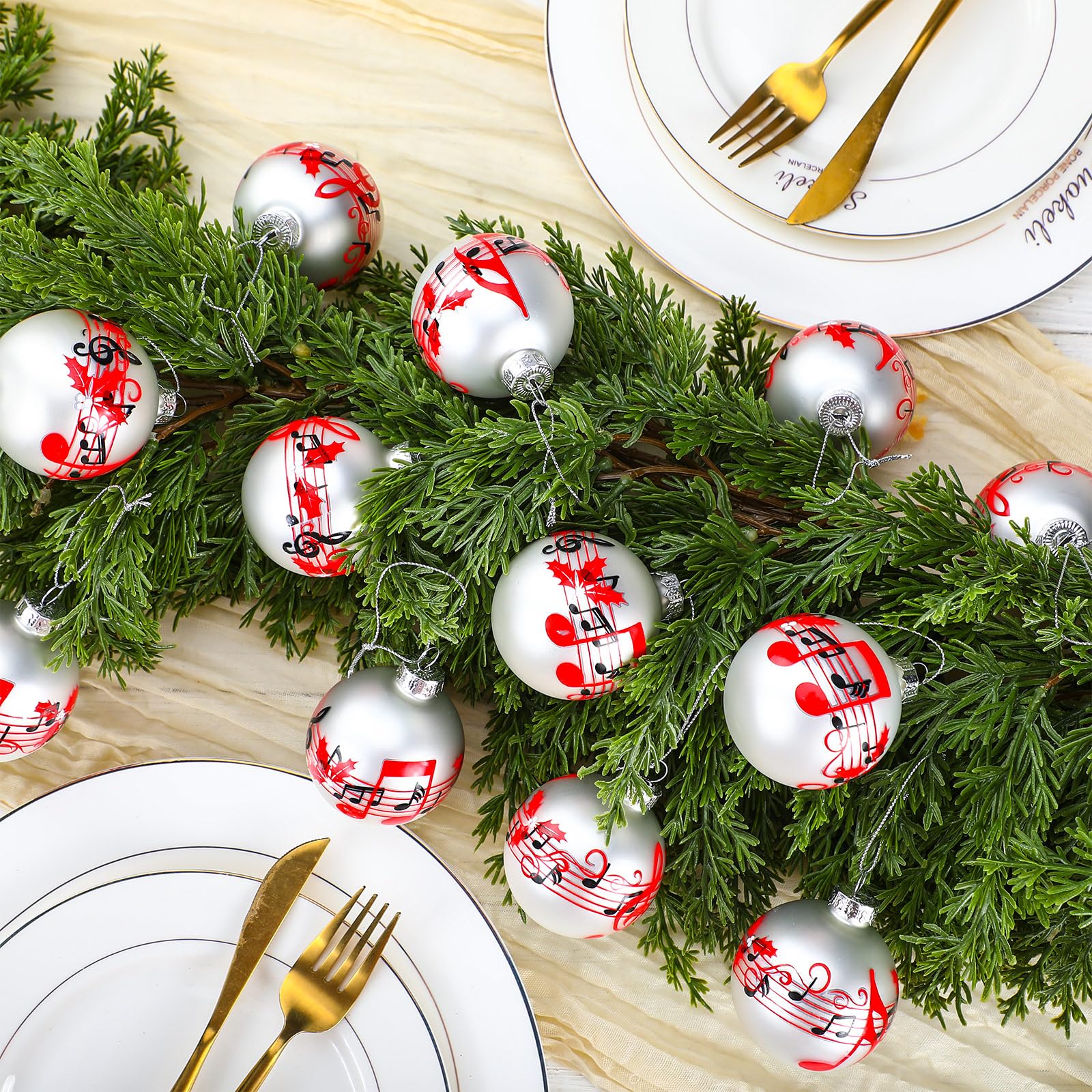 GlikCeil 12 Pcs White Musical Christmas Ornament for Tree 2.4'' Music Notes Balls Music Themed Hanging Ornaments Musical Notes C