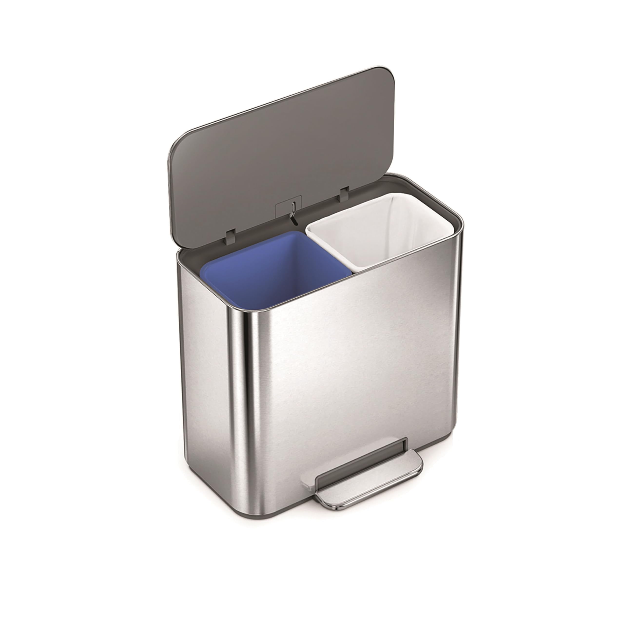 simplehuman 15L Mini Recycler Step Can, Dual Compartment Trash Can for Hotel, Offices and Small Spaces, Brushed Stainless Steel