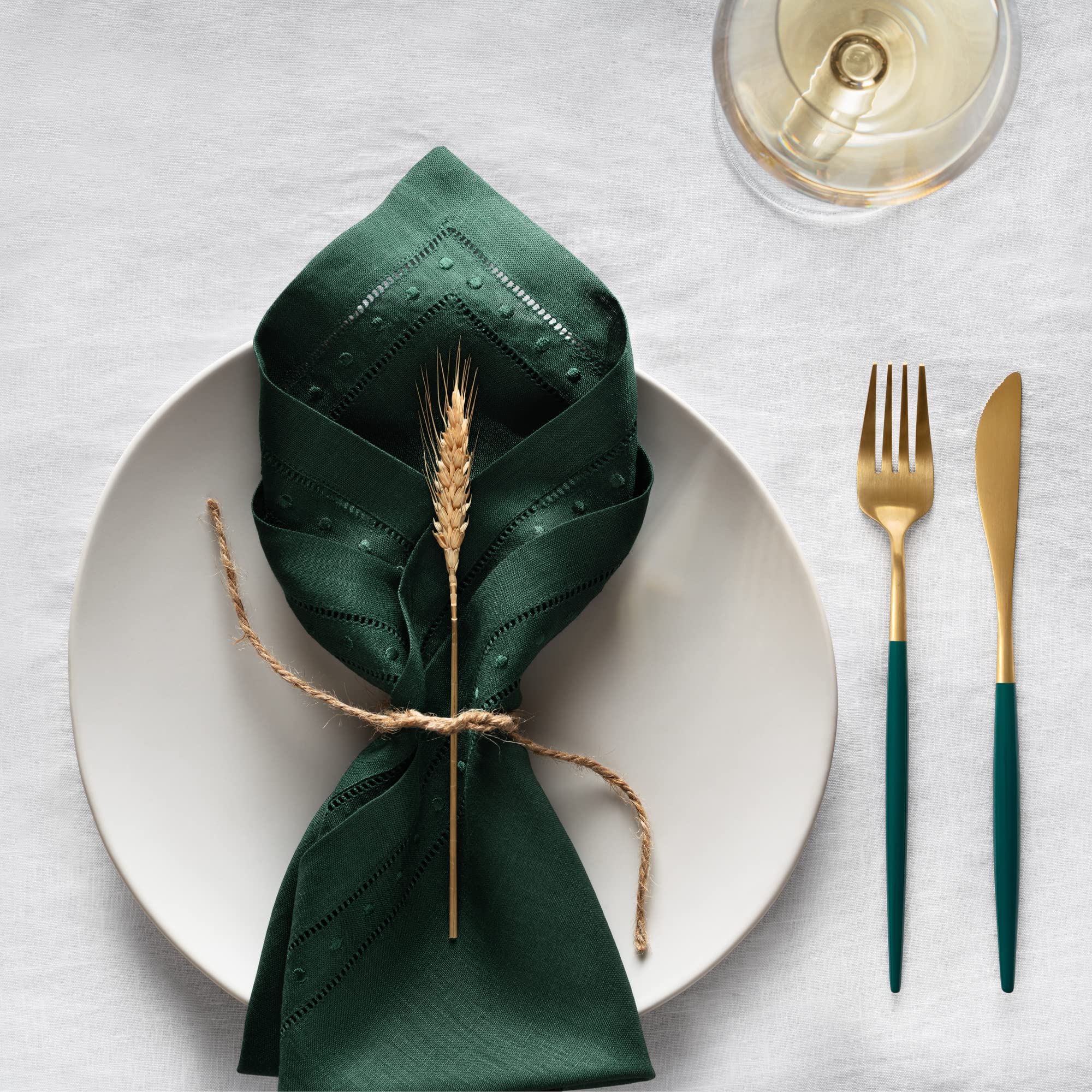 Linen Napkins Set Of 4-100% Pure Linen Forest Green Embroidered Dinner Napkins 18 X 18 Inch - Classic Hemstitch Cloth Napkins Wa