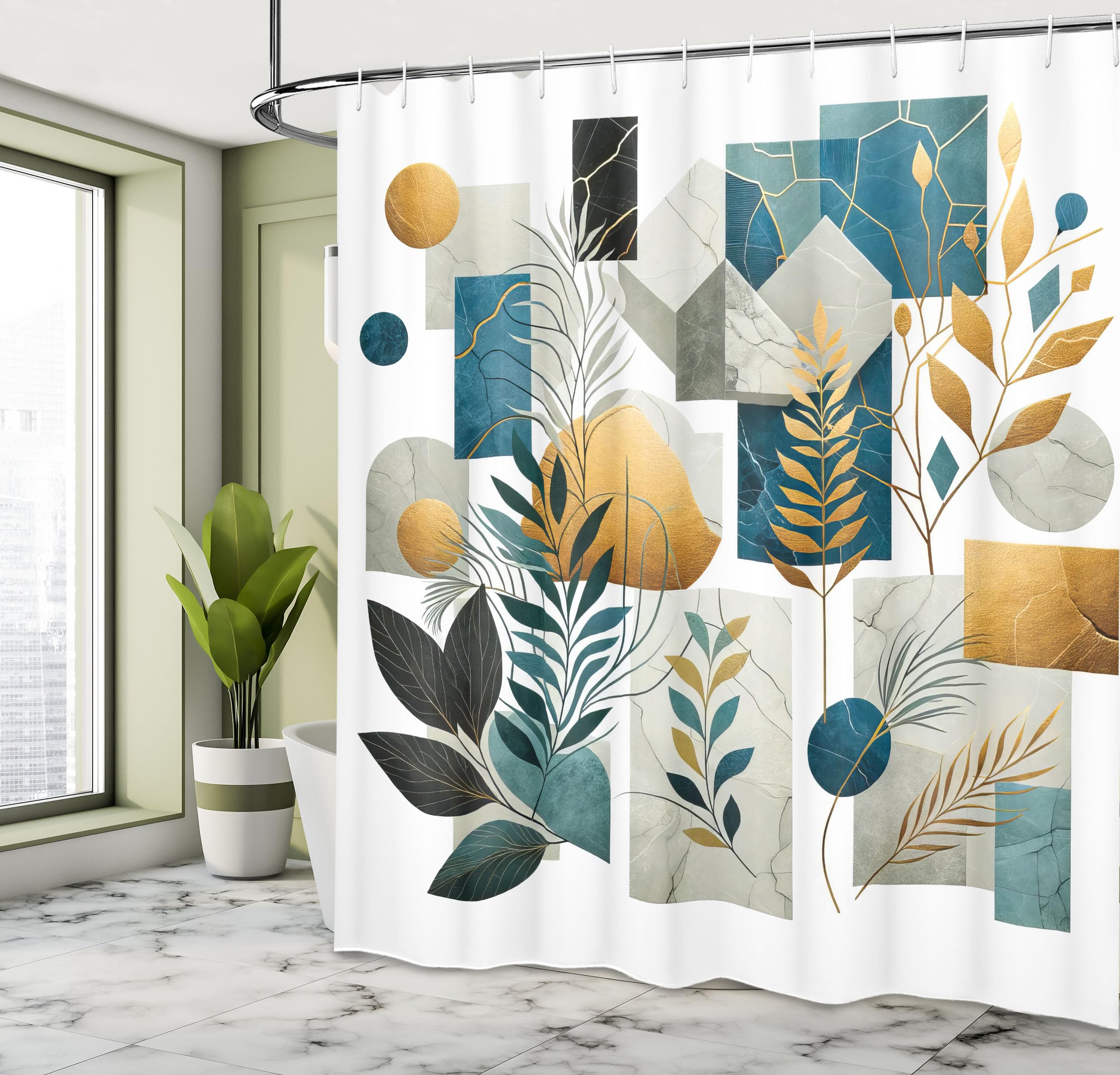 Ambesonne Aesthetic Shower Curtain, Abstract Geometric Style Marble Print Forms Leaves Branches Modern, Cloth Fabric Bathroom De