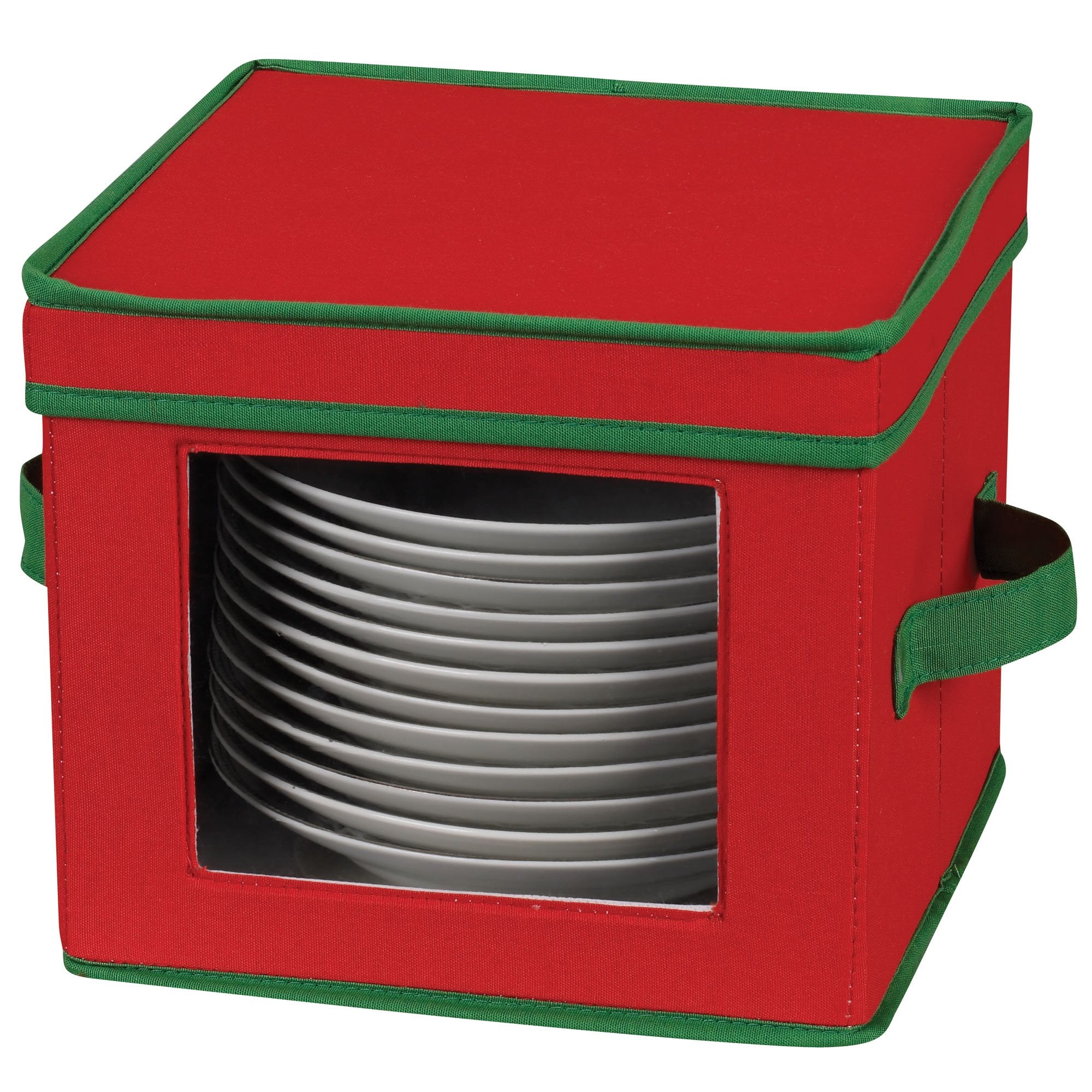 Household Essentials Holiday China Dinnerware Storage for Salad Plates or Bowls, Red & Green, Model 534RED, Removable Lid, Polyester