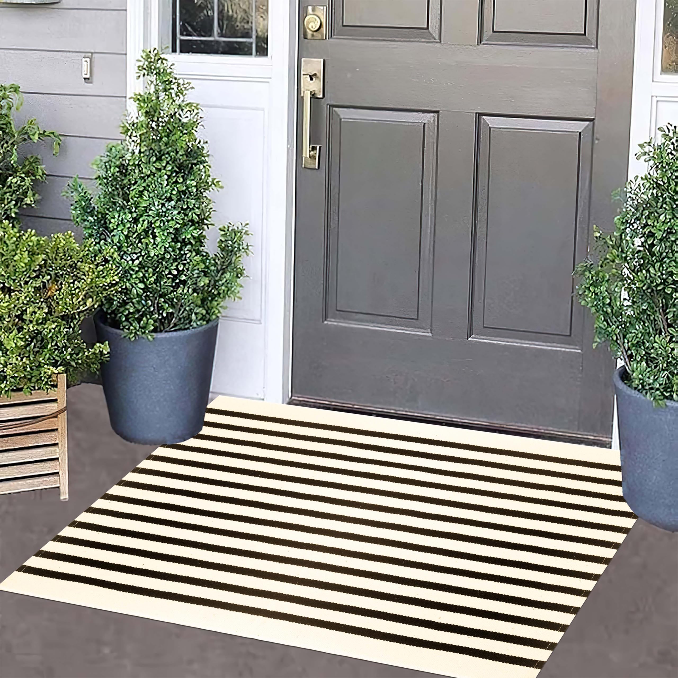 BUAGETUP Front Layered Door Mat 2x3,Black and Beige Striped Outdoor Rug Machine Washable Cotton Outdoor Door MatEntryway Throw