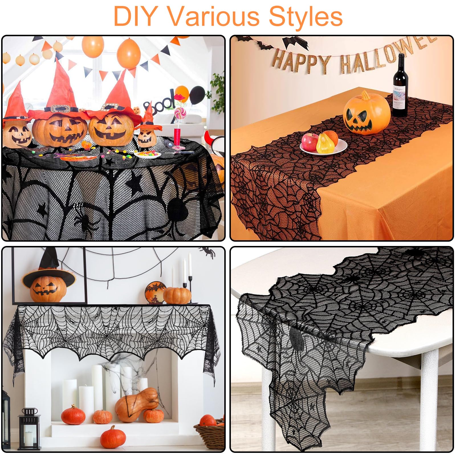 5Pack Halloween Decorations Indoor Halloween Spider Web Tablecloth Table Runners Fireplace Mantel Scarf Cobweb Lampshade Scary 3
