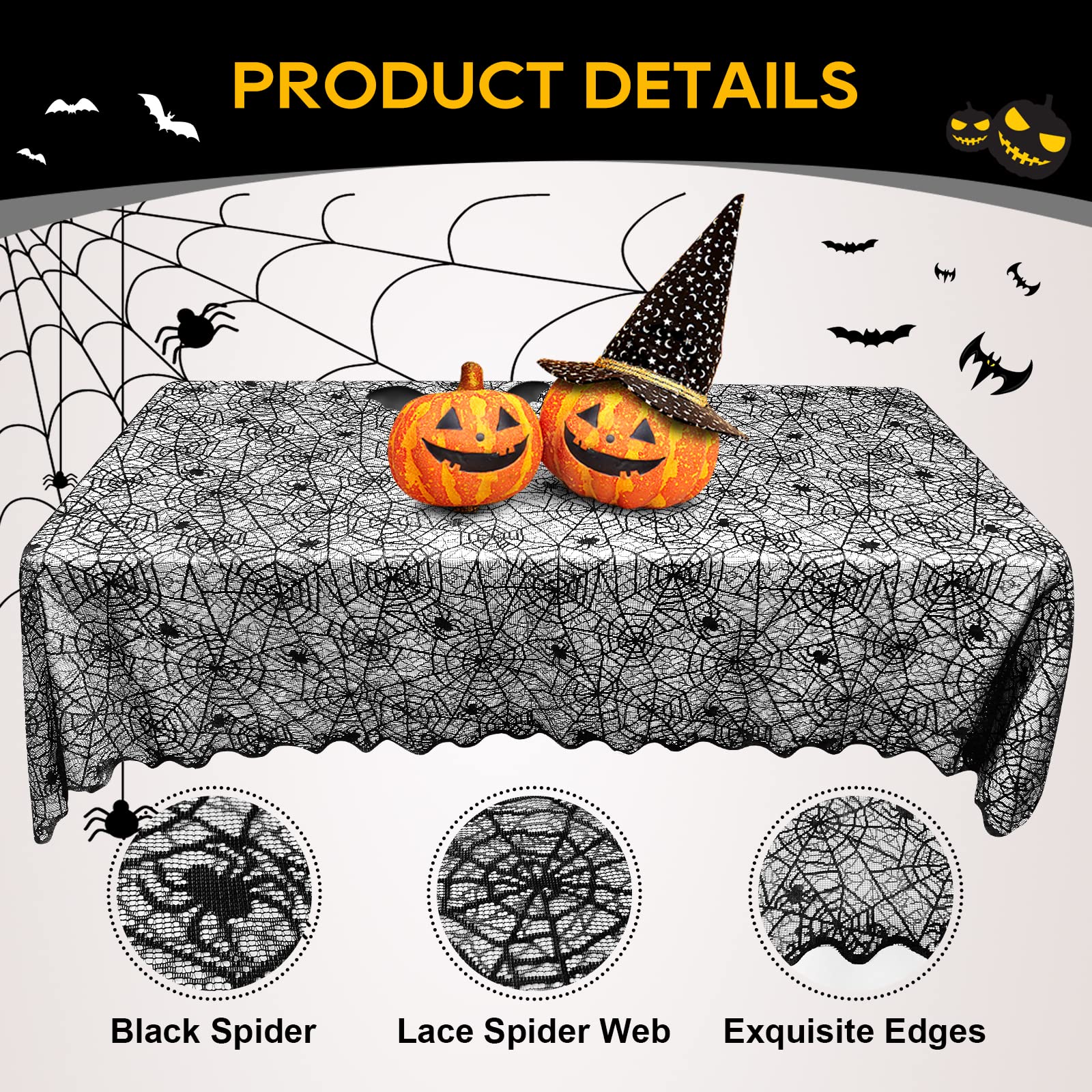Ezakka Halloween Table Cloth, Spider Webs Tablecloths Black Tablecloth Lace Fabric Table Cloths Spooky Table Cover For Rectangle
