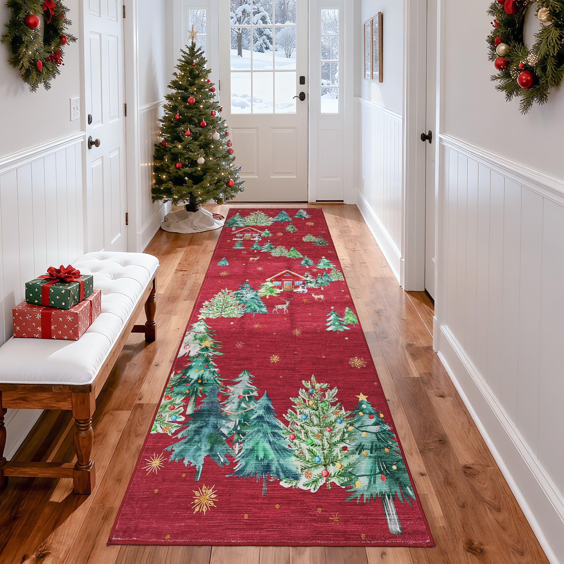GarveeHome Christmas Runner Rug 2x10 Red Runners for Hallways, Kitchen Rugs Non Slip Washable Entryway Carpet Runner, Soft Chris