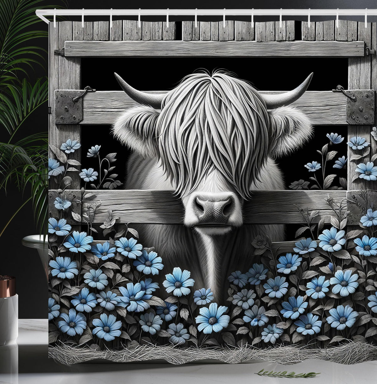 Ambesonne Rustic Shower Curtain, Monochrome Farmhouse Design Cow With Funny Hair Barn And Sky Toned Flowers, Cloth Fabric Bathro