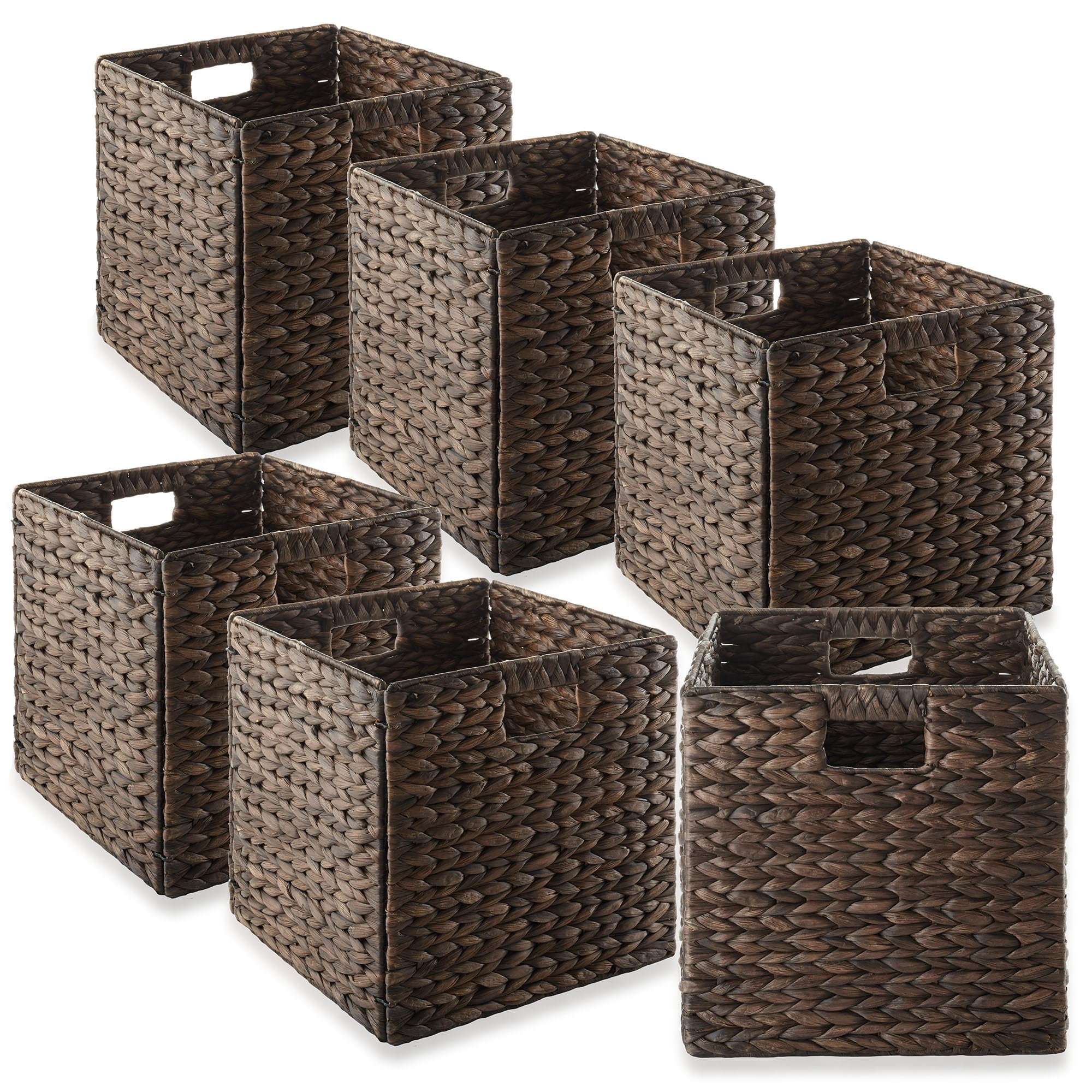 Casafield 12'' X 12'' Water Hyacinth Storage Baskets, Espresso - Set Of 6 Collapsible Cube Organizers, Woven Bins For Bathroom,