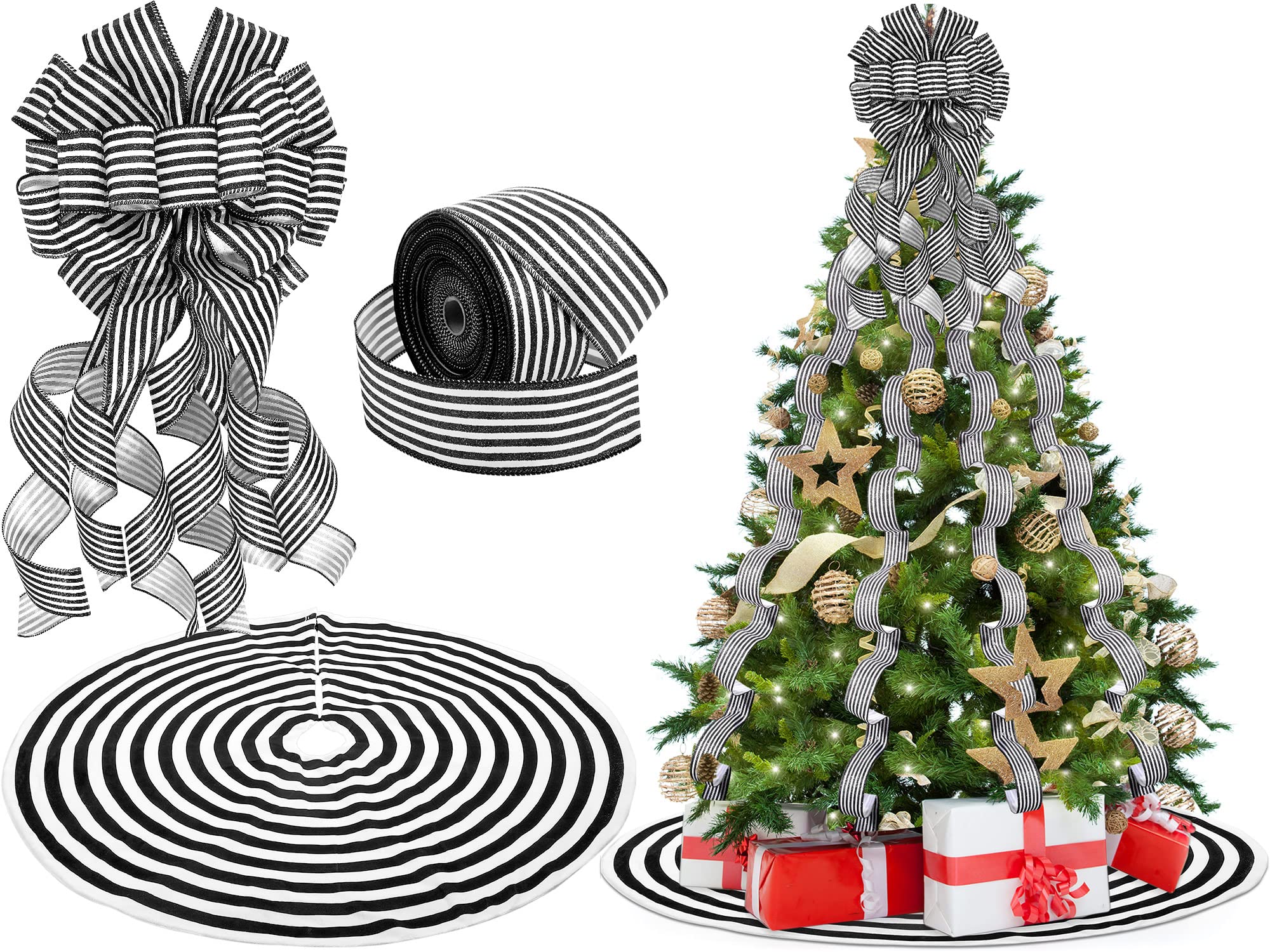 Christmas Tree Decoration Set Include Christmas Tree Topper Bow, Decorative Strips Ribbon, Christmas Tree Skirt with Annual Ring
