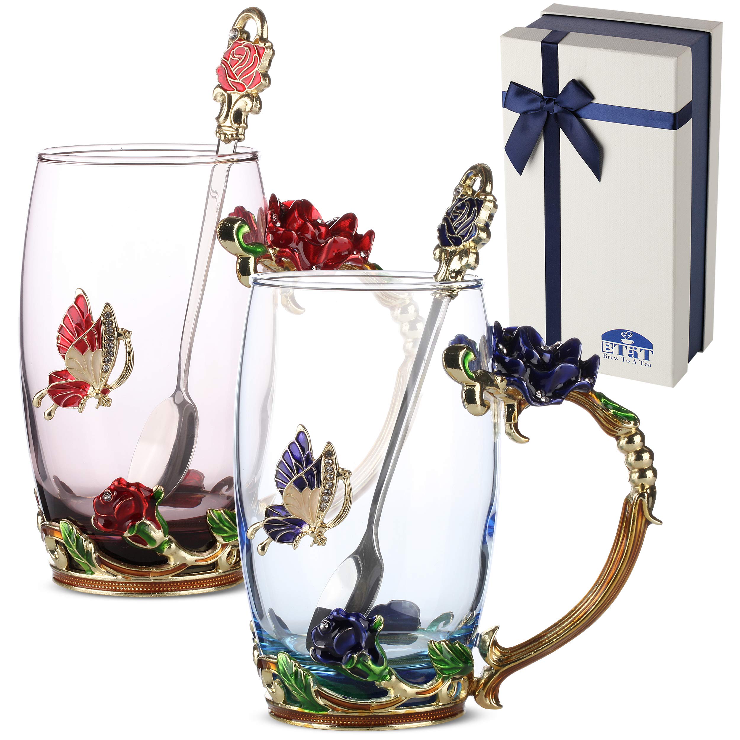 BTaT Floral Glass Tea Cups with Spoon Set, Pack of 2, 11 oz, Blue & Red, Butterfly & Flower Design with Gift Box, Fancy Tea Cup