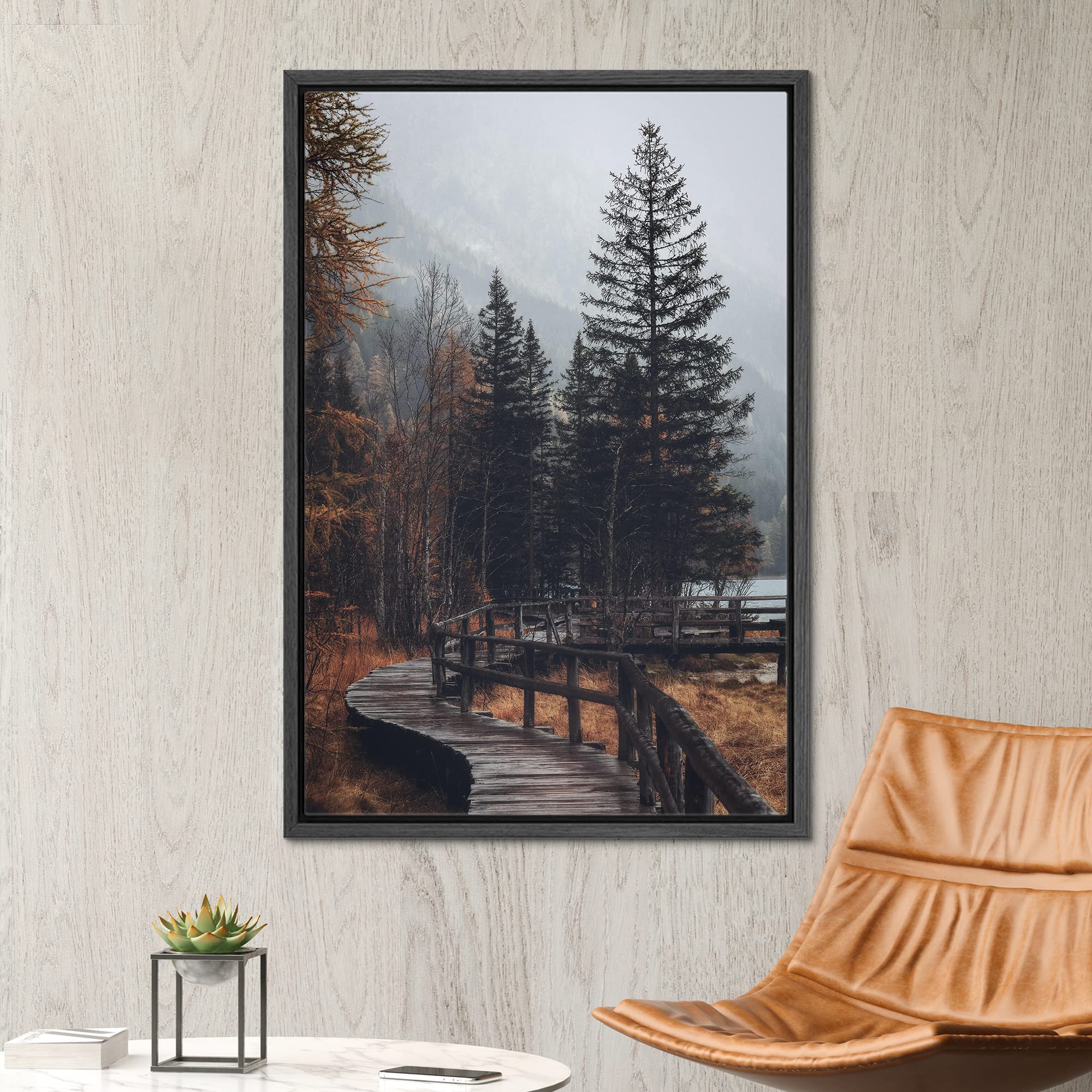 Signwin Framed Canvas Wall Art Autumn Dramatic Forest Landscape Living Room Orange Photography Rustic - 24''X36'' Black