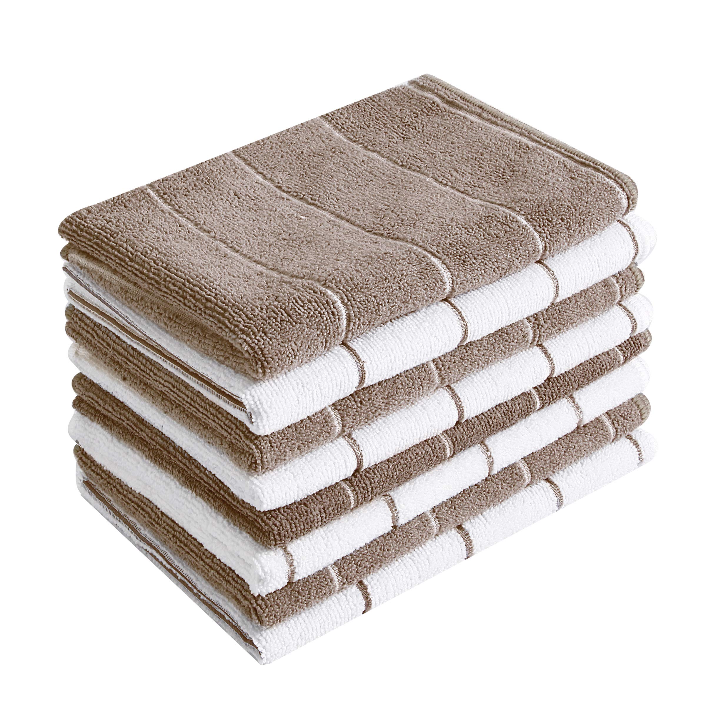 Microfiber Kitchen Towels - Super Absorbent, Soft And Solid Color Dish Towels, 8 Pack (Stripe Designed Brown And White Colors),
