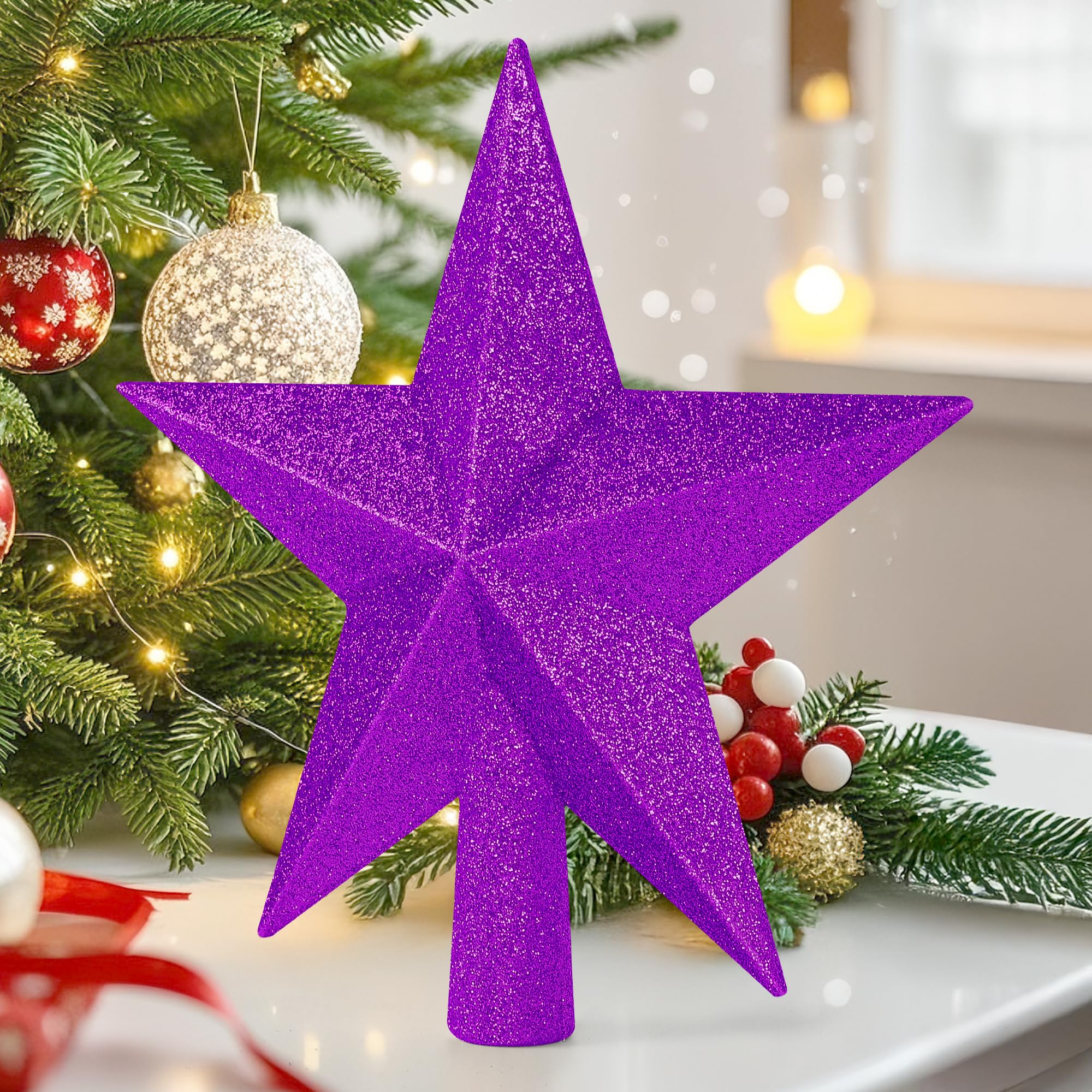 Christmas Tree Decor, 8 Purple Star Christmas Tree Topper Decorations, Xmas Glitter 3D Bethlehem Tree Ornament, Waterproof Holid