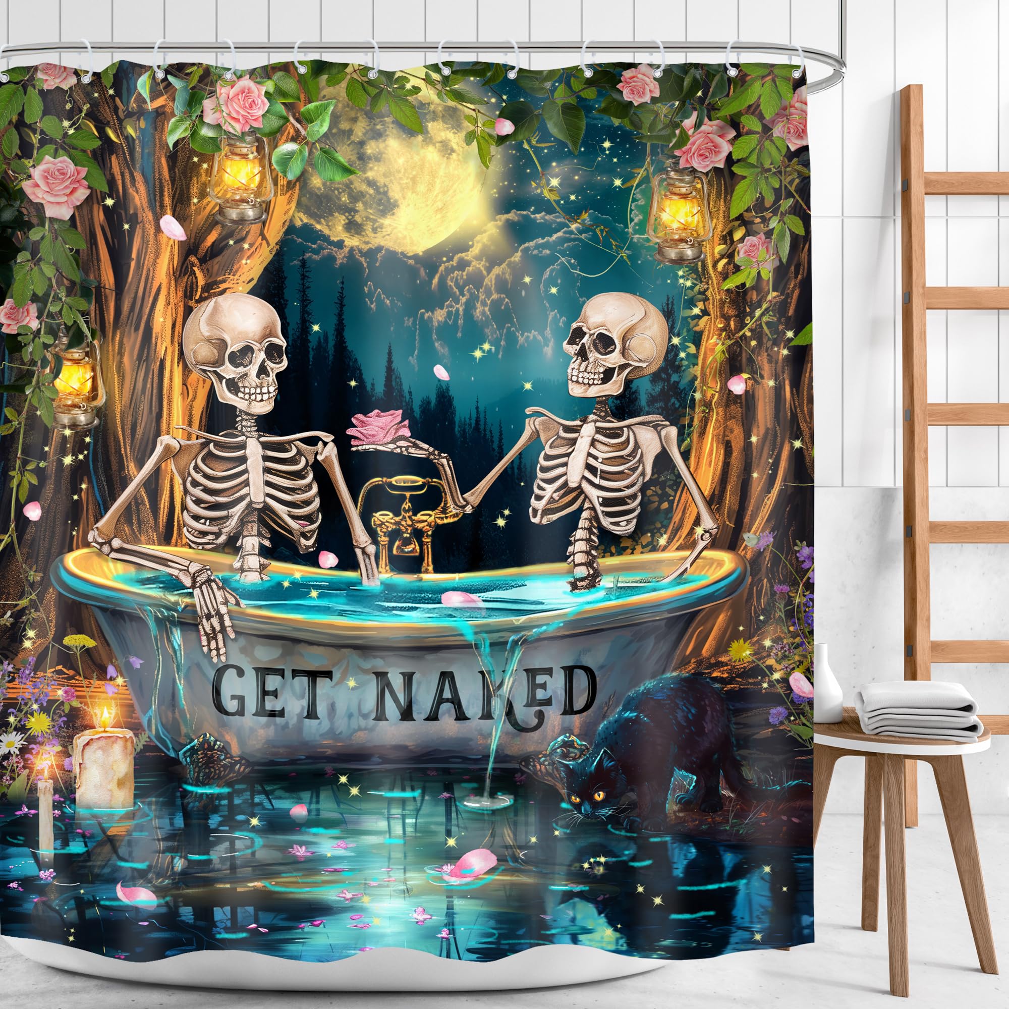 Mitpok Gothic Skull Skeleton Shower Curtain 72Wx72H Funny Spooky Witchy Halloween Moon Night Retro Floral Tree Bathroom Decor My