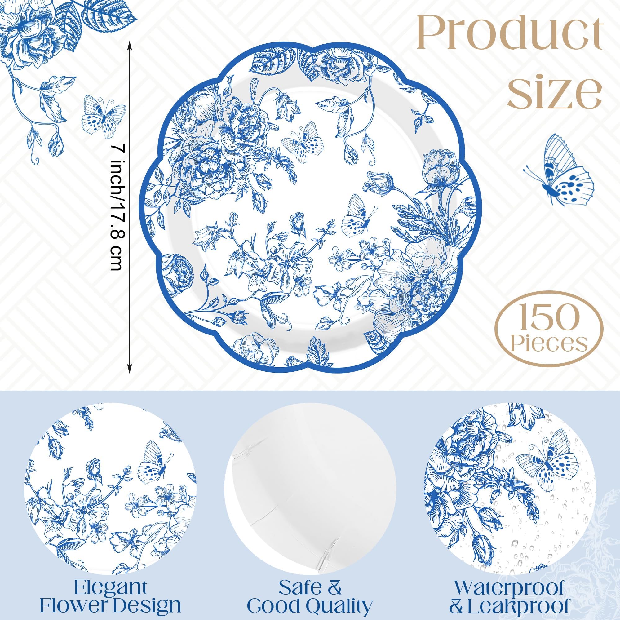 Kochorie 150 Pieces Blue Flower Paper Plates 7 Inches Disposable Floral Paper Plates Scalloped Blue Chinoiserie Vintage Flower D