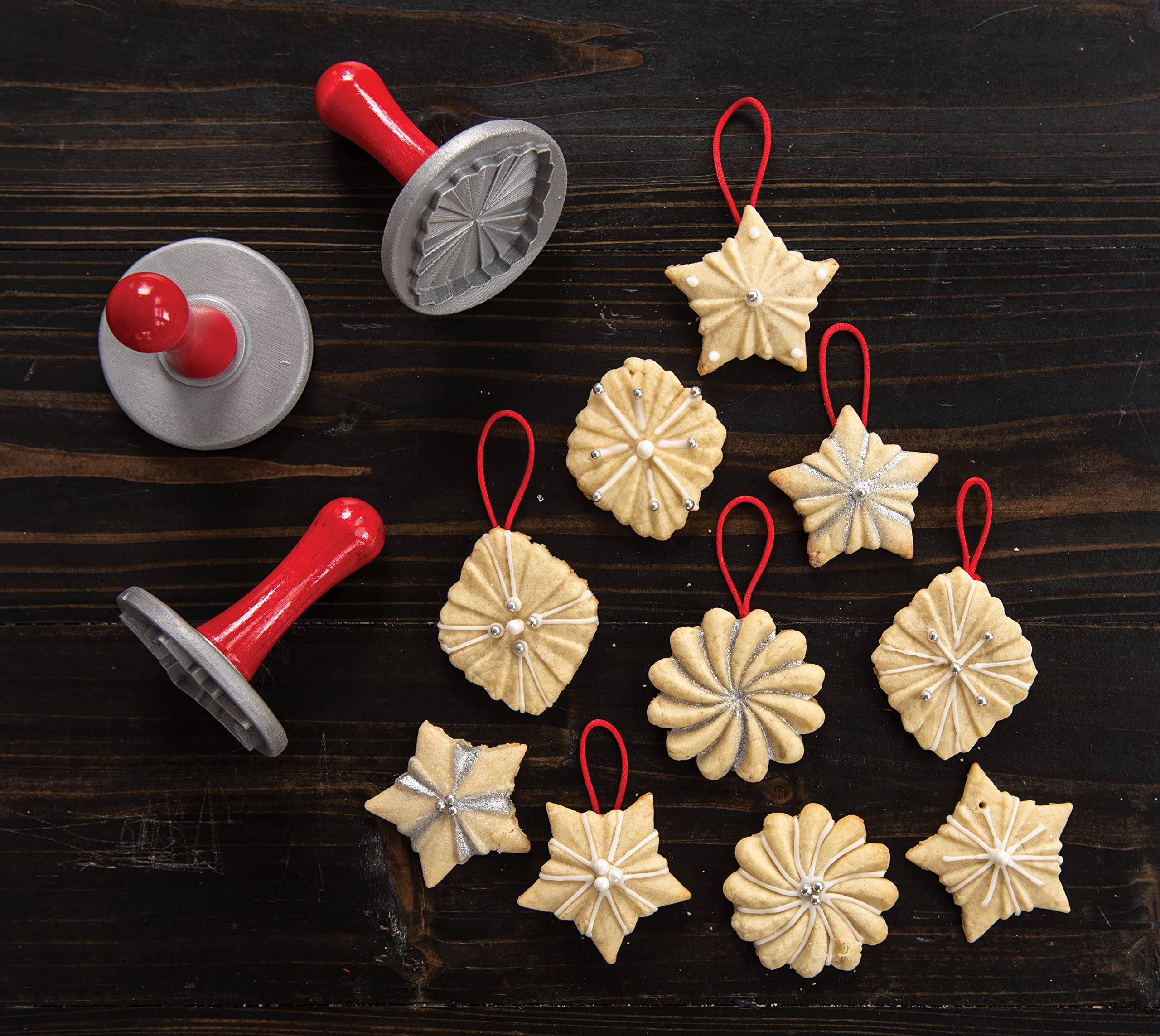 Nordic Ware Cookie Stamps Set, 3-Piece Cast Aluminum with Wood Handles, Natural with Red Handles, Model 01237