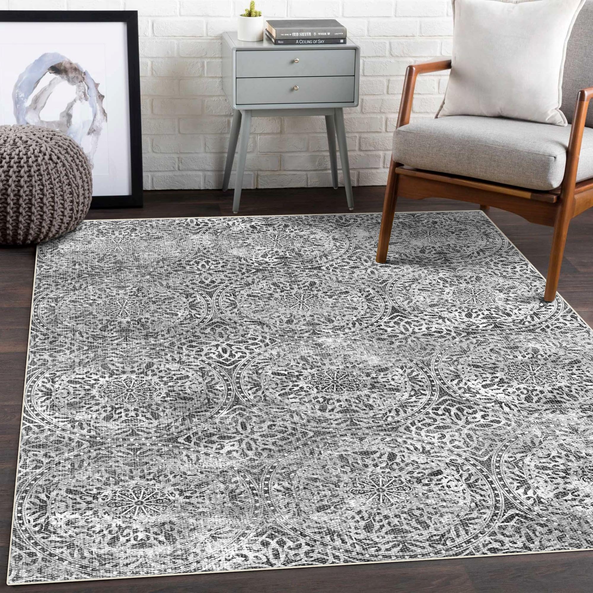 vivorug 3x5 Rug, Stain Resistant Washable Rug for Living Room, Neutral Area Rug Vintage Inspired (Grey/Medallion, 3x5)