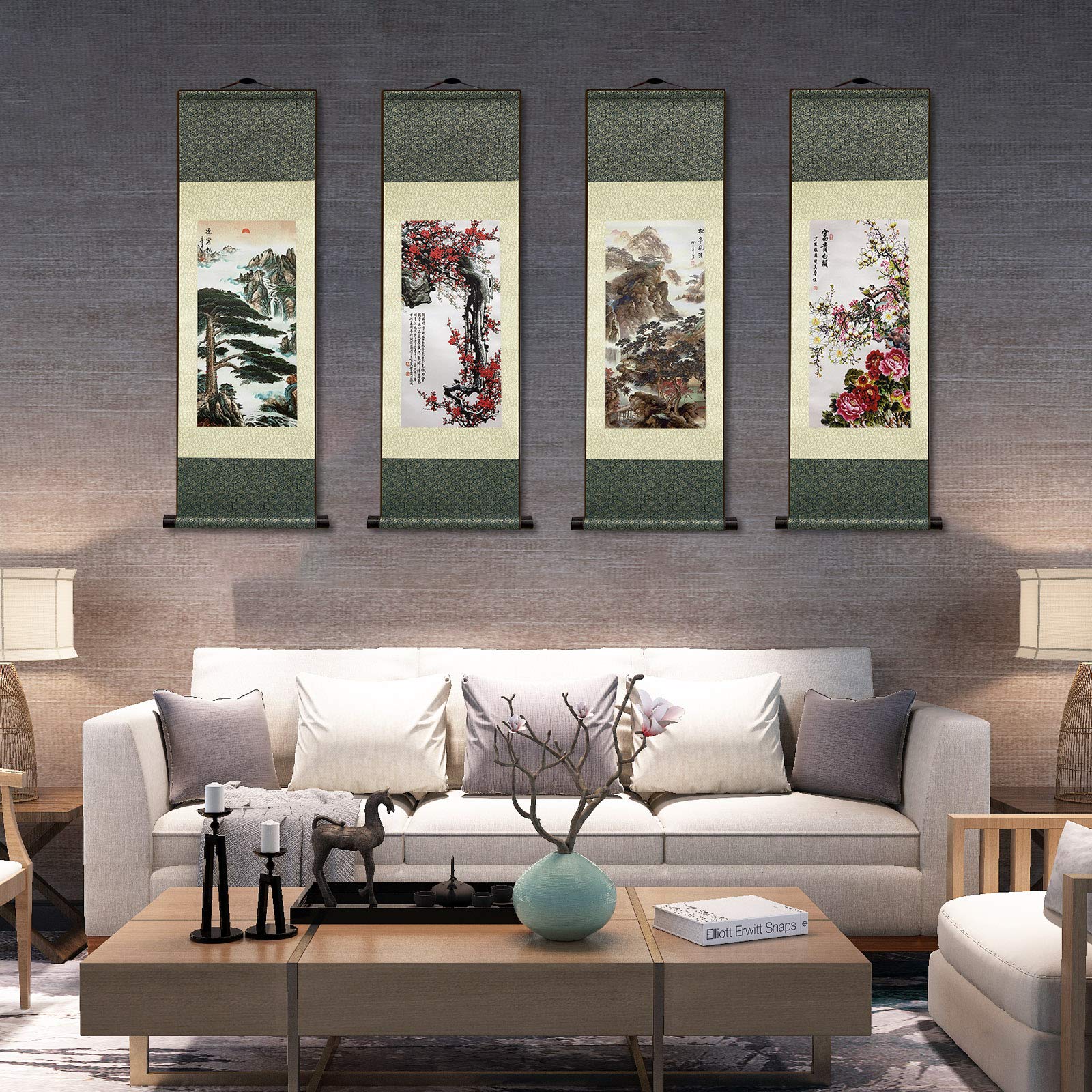 Atfart Asian Wall Decor Beautiful Silk Scroll Painting Birds - Wulun Diagram Oriental Decor Chinese Art Wall Scroll Wall Hanging