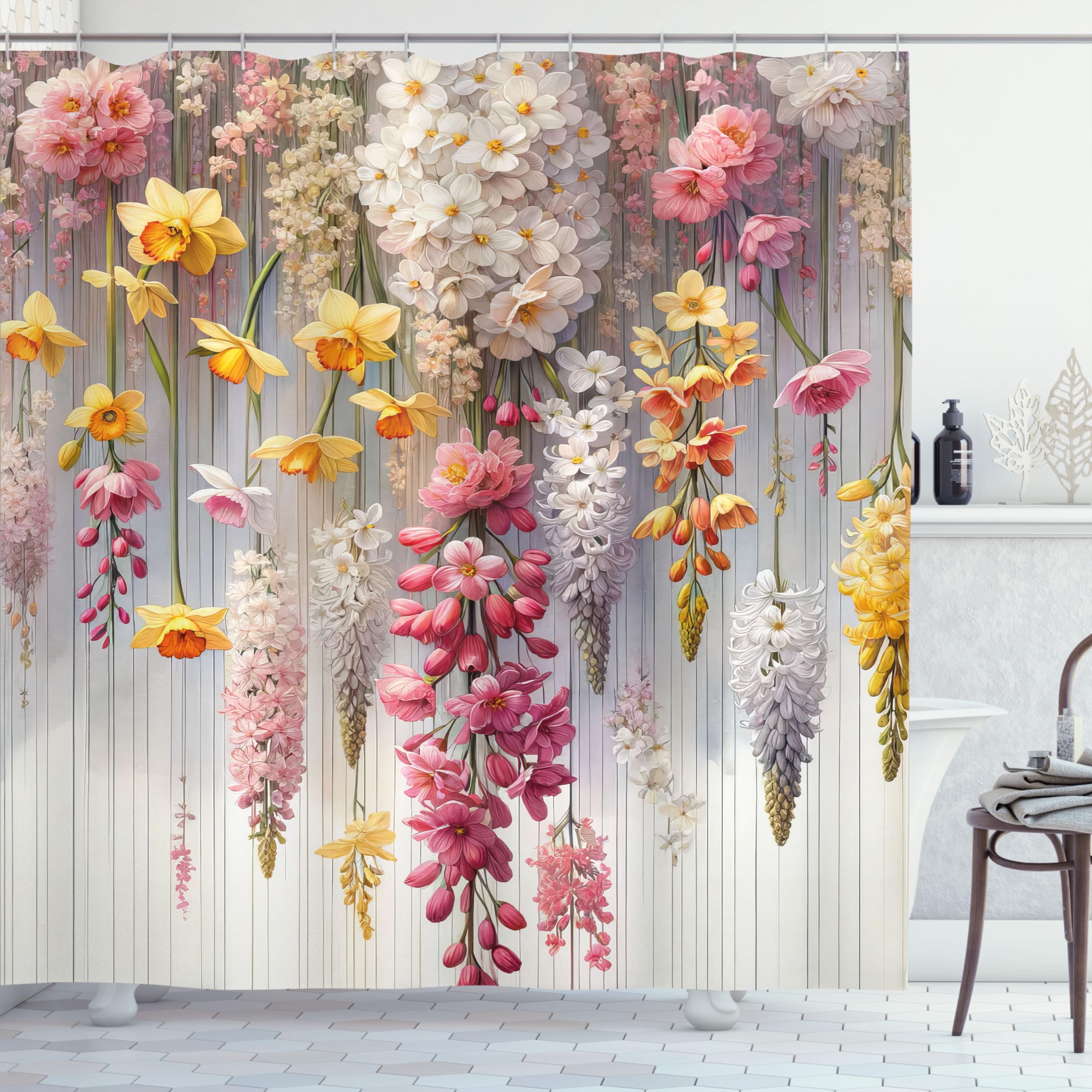 Ambesonne Spring Shower Curtain, Farmhouse Dream Theme Lavenders Blooming Flowers With Abstract Stripes, Cloth Fabric Bathroom D