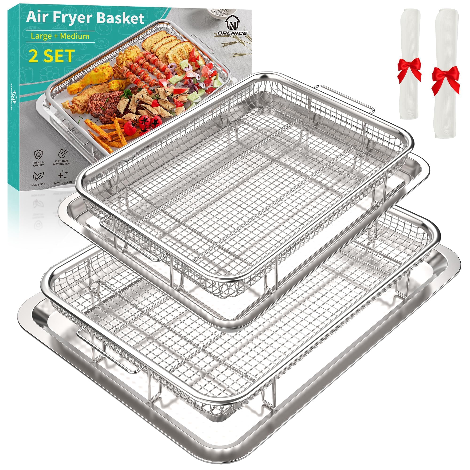 Air Fryer Basket, OPENICE 2 Set Air Fryer Pan and Crisper Tray for Oven, Non-stick Oven Air Fryer Basket for Baking and Crispy F