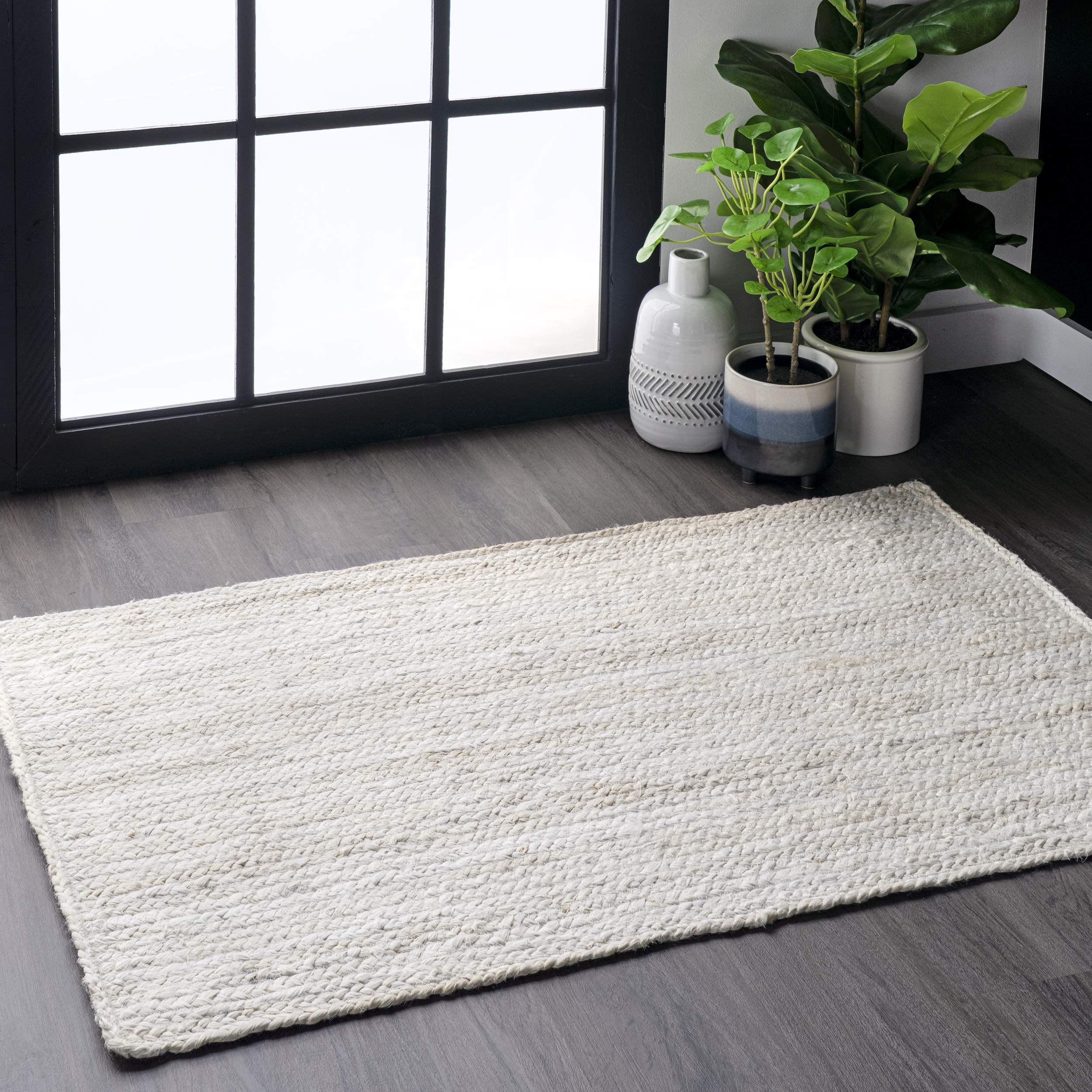 nuLOOM 2x4 Rigo Jute Hand Woven Area Rug, Off White, Solid Farmhouse Design, Natural Fiber, For Bedroom, Living Room, Dining Roo