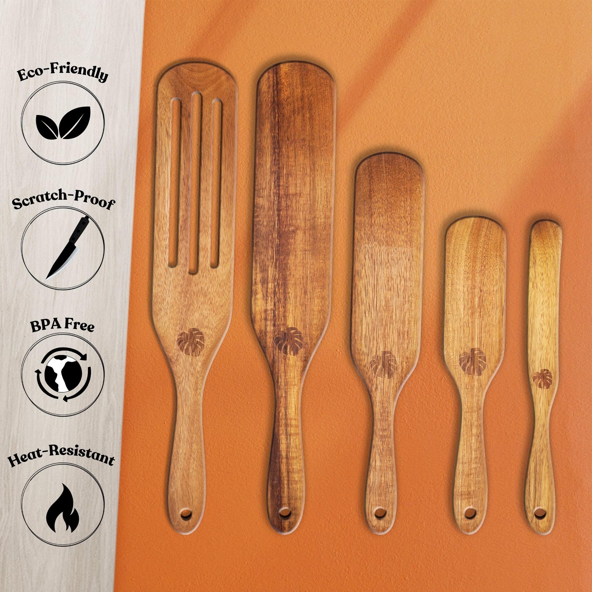 PLANTÉA Wooden Spurtle Set - Large Heat Resistant Acacia Kitchen Tools, Brown, Ideal for Stirring, Mixing, Whisking, and Serving