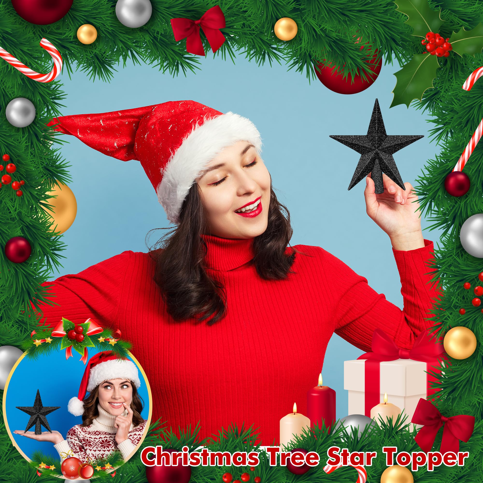 1PCS Christmas Star Tree Topper, 4 Black Christmas Tree Topper Decorations, 3D Glitter Shatterproof Mini Bethlehem Star Tree Dec